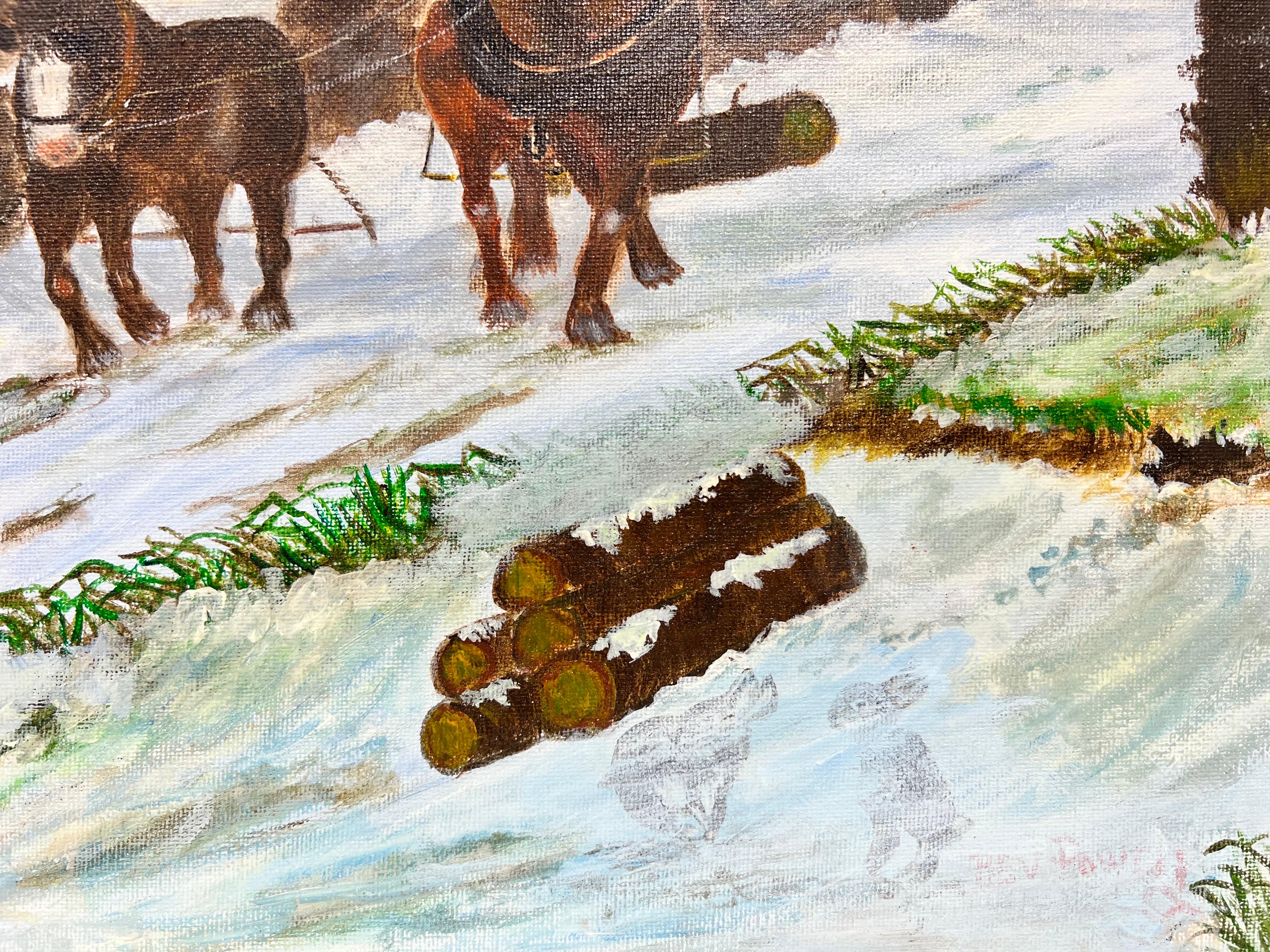 The Logging Team Farmer with Heavy Horses Pulling Timber in Woodland Snow - Modern Painting by Ben Powell