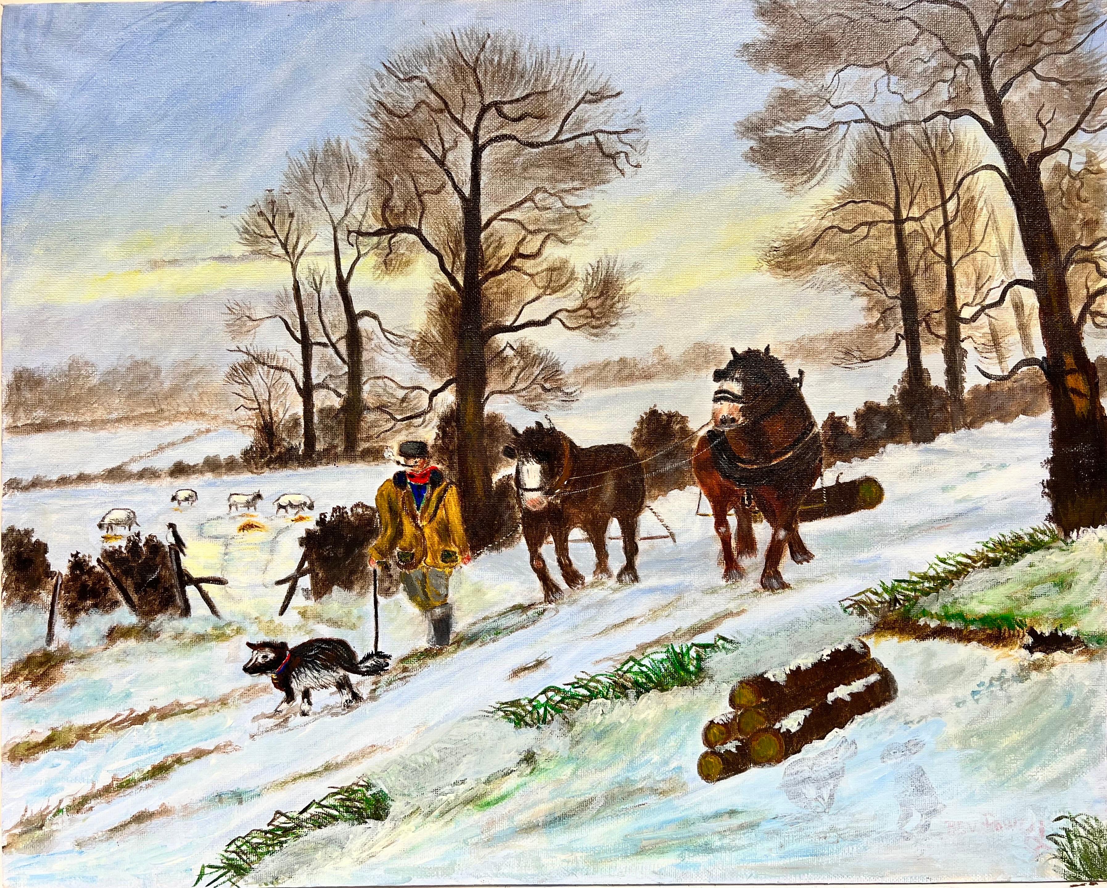L'équipe de bergers avec des chevaux lourds tirant du bois dans la neige