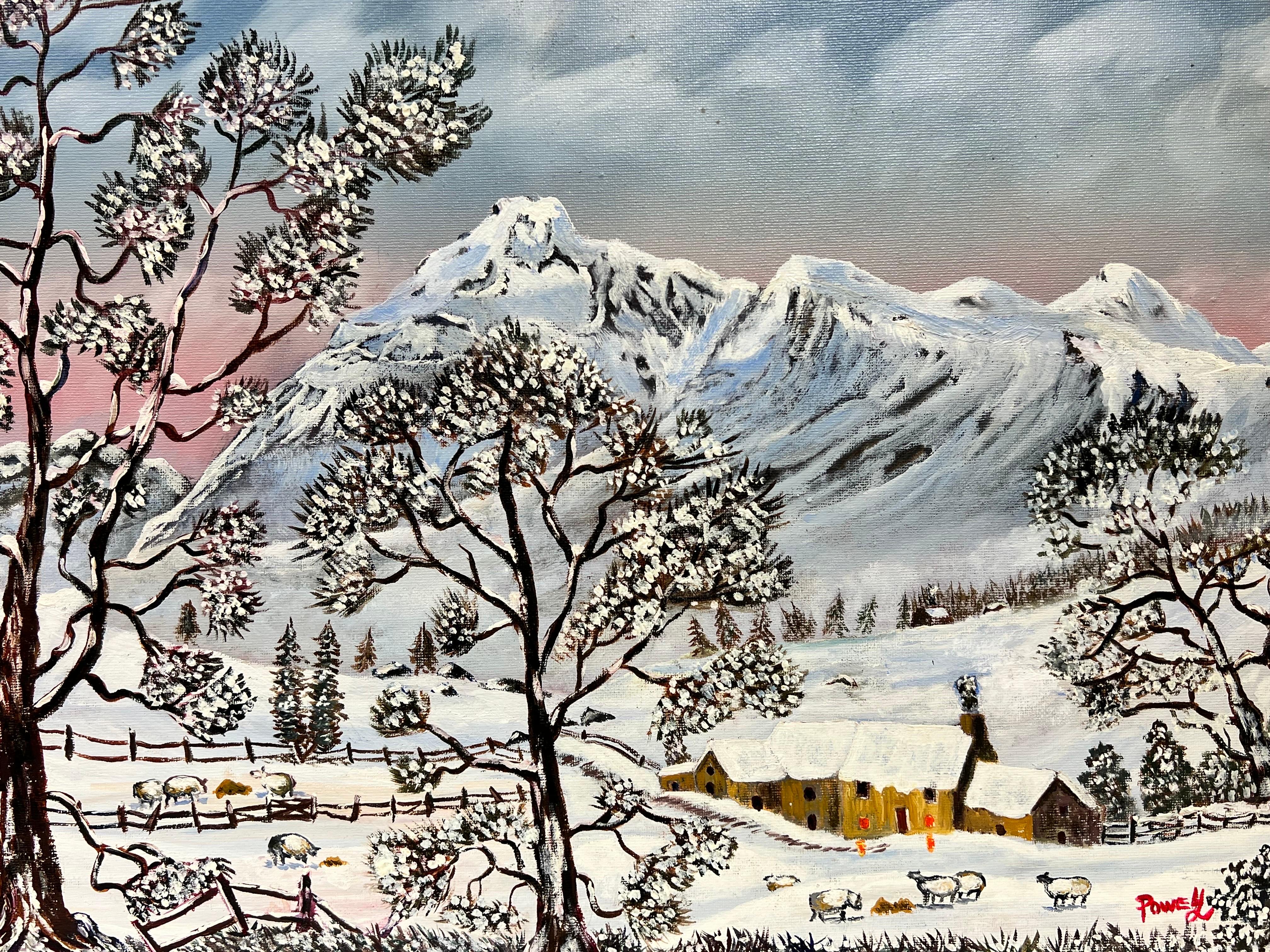 Paesaggio invernale gallese Pecore nella valle coperta di neve Olio originale inglese - Painting Moderno di Ben Powell