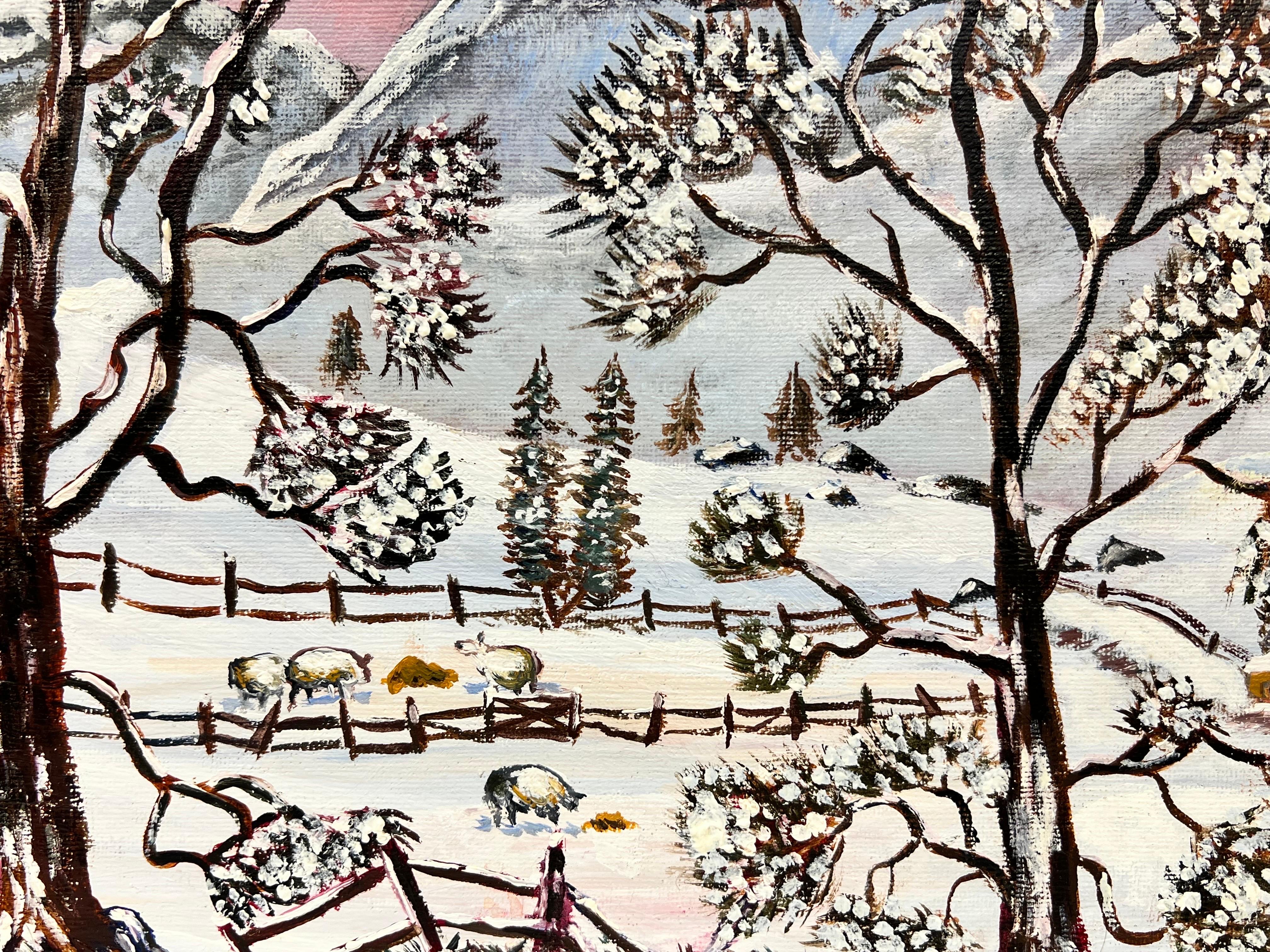 Paesaggio invernale gallese Pecore nella valle coperta di neve Olio originale inglese - Landscape Painting Grigio di Ben Powell
