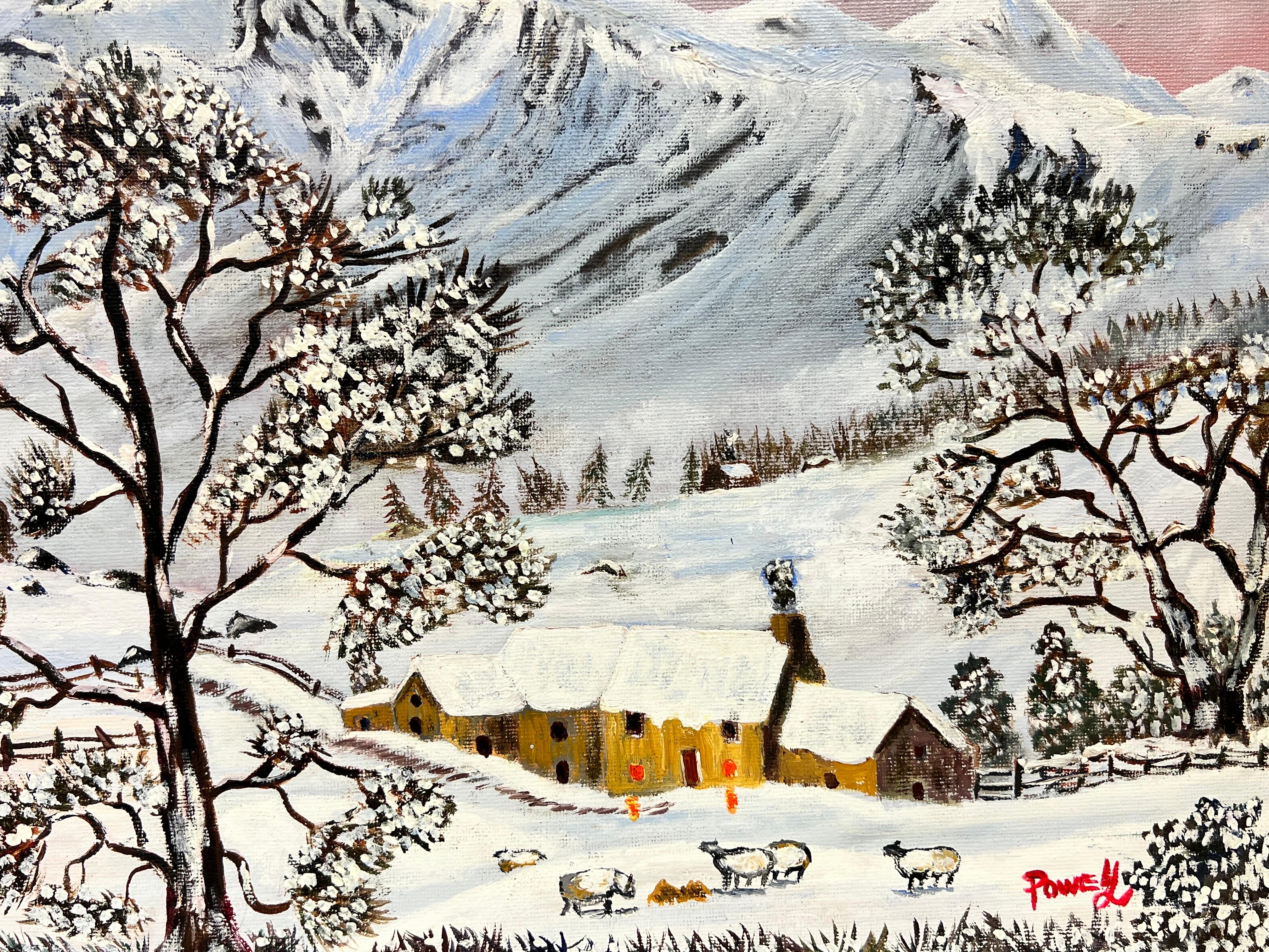 Paesaggio invernale gallese Pecore nella valle coperta di neve Olio originale inglese in vendita 1