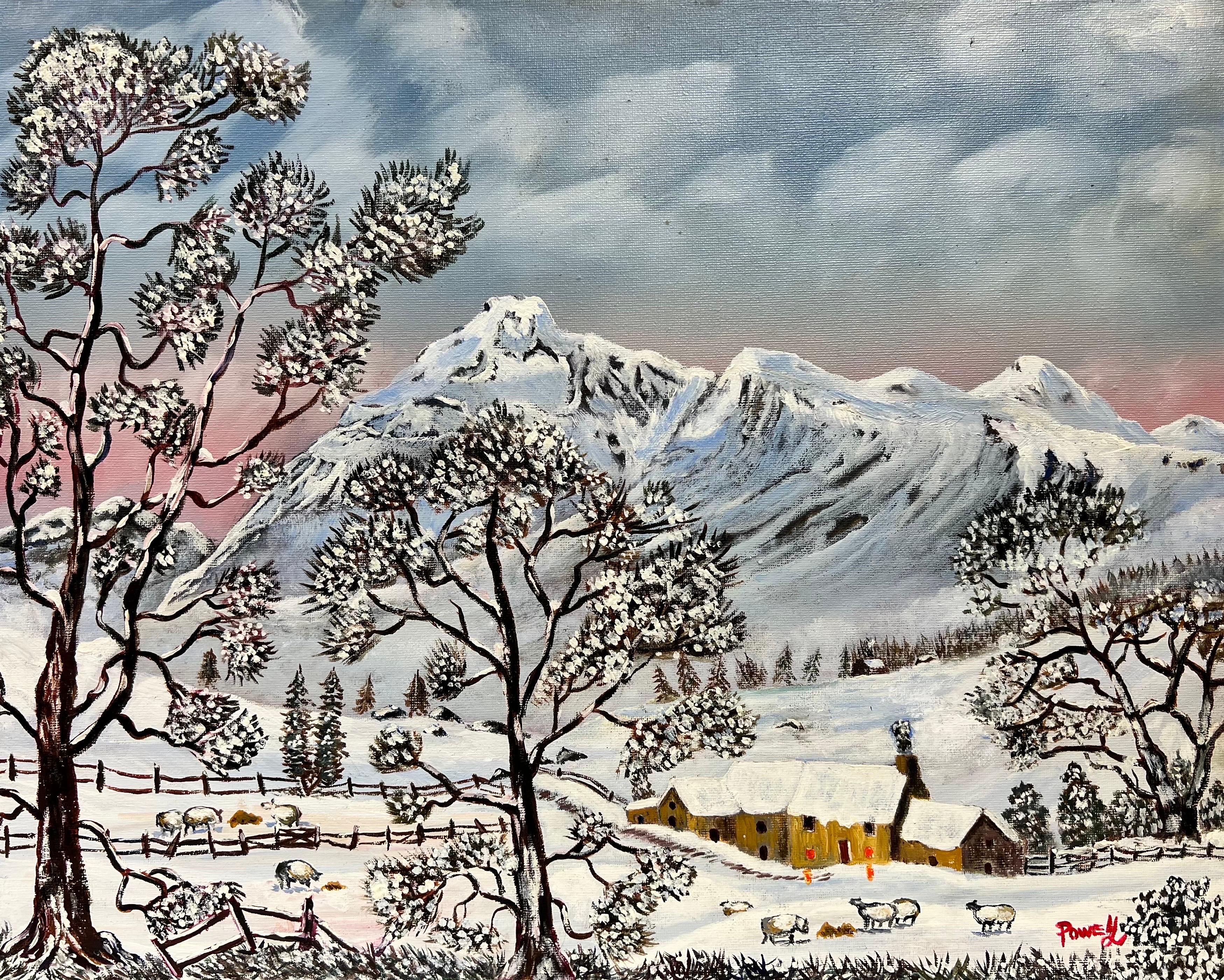Paesaggio invernale gallese Pecore nella valle coperta di neve Olio originale inglese