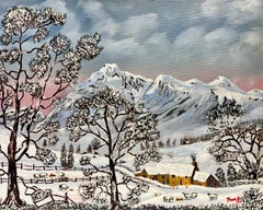 Paesaggio invernale gallese Pecore nella valle coperta di neve Olio originale inglese