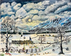 Winter Moonlit Scottish Highlands Sheep in the Snow Landscape Original Painting
