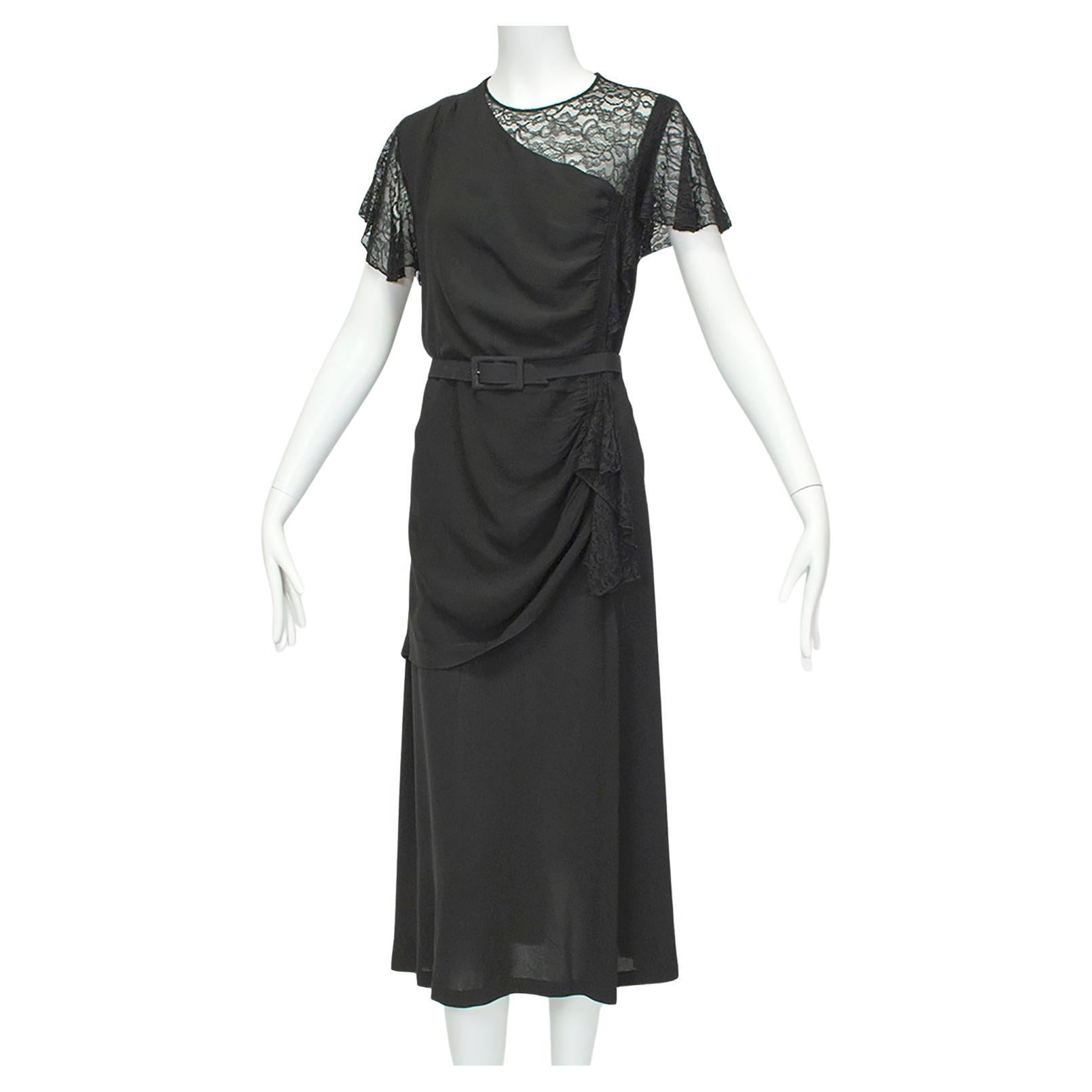 Ben Reig Black Draped Illusion-Shoulder Keyhole Cocktail Dress – M, 1930s For Sale