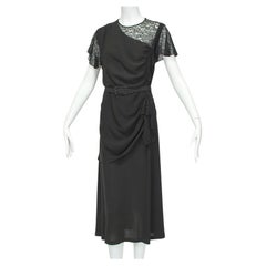 Used Ben Reig Black Draped Illusion-Shoulder Keyhole Cocktail Dress – M, 1930s