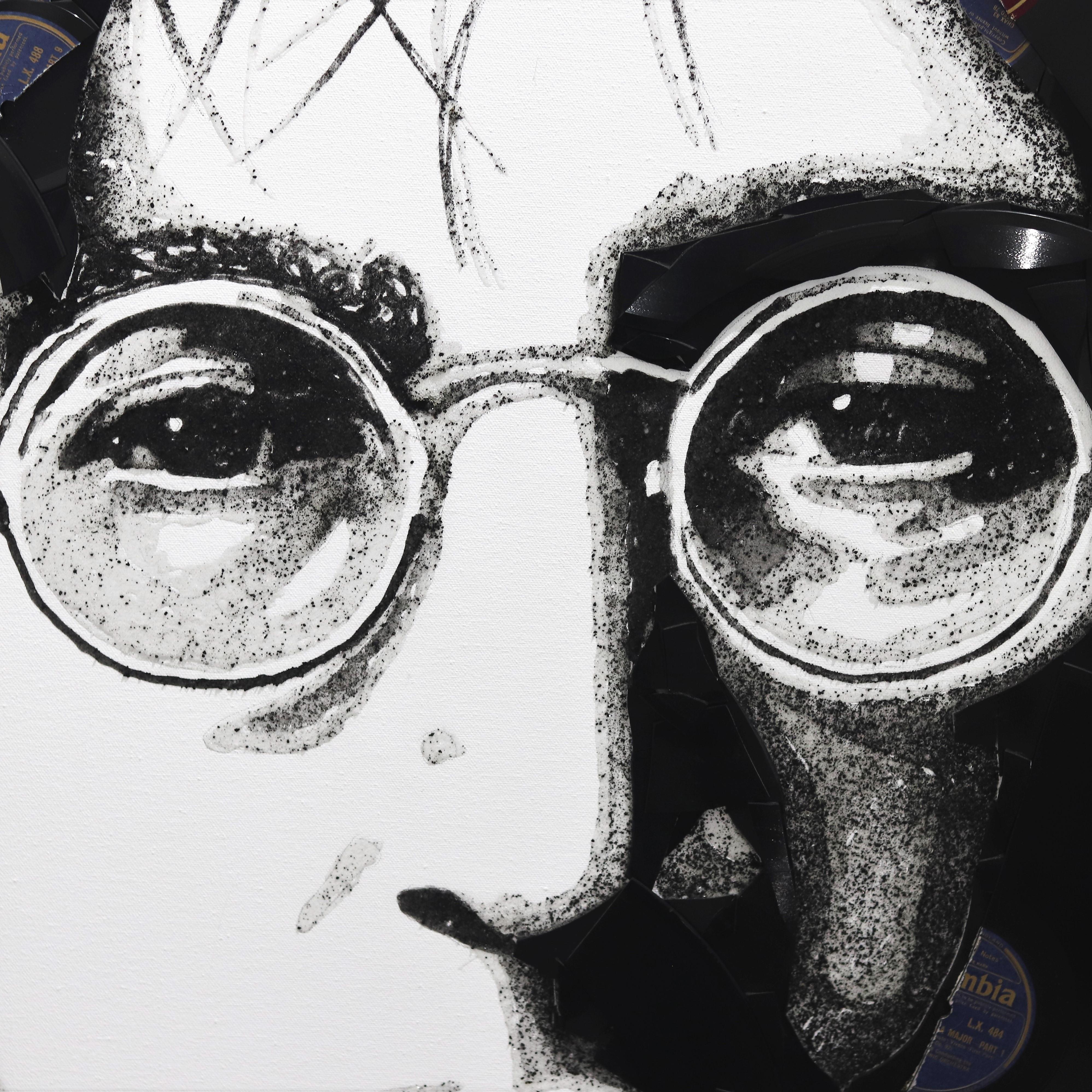 John Lennon - Original Vinyl Records Textural Music Icon Figurative Portrait Art - Noir Portrait Painting par Ben Riley