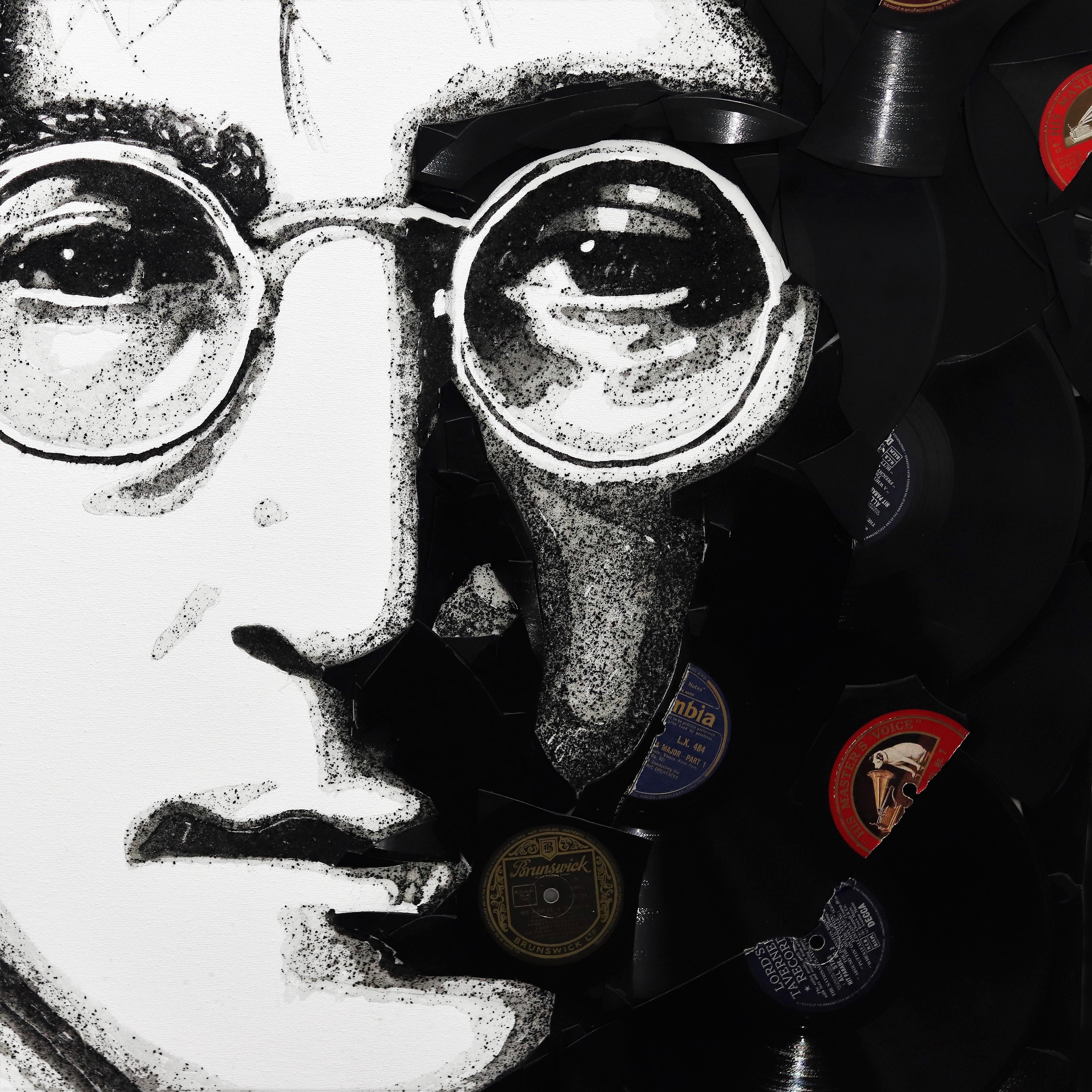 John Lennon - Original Vinyl Records Textural Music Icon Figurative Portrait Art - Black Portrait Painting by Ben Riley