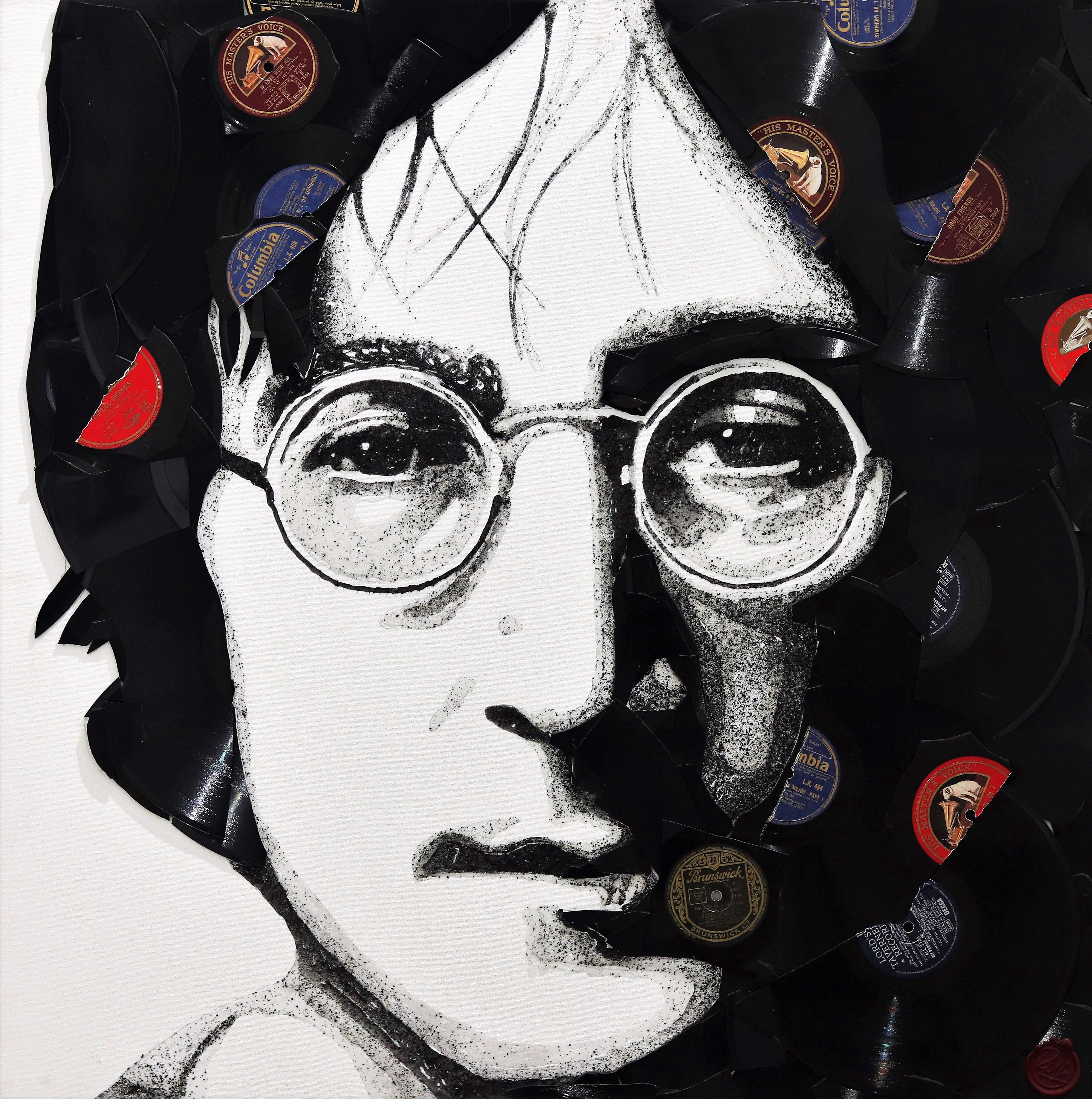 Ben Riley Portrait Painting - John Lennon - Original Vinyl Records Textural Music Icon Figurative Portrait Art