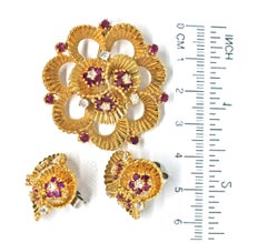 Ben Rosenfeld 18 Karat Yellow Gold Diamond & Ruby Circular Brooch & Earrings Set