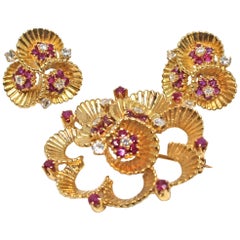 Ben Rosenfeld 18 Karat Yellow Gold Diamond & Ruby Circular Brooch & Earrings Set