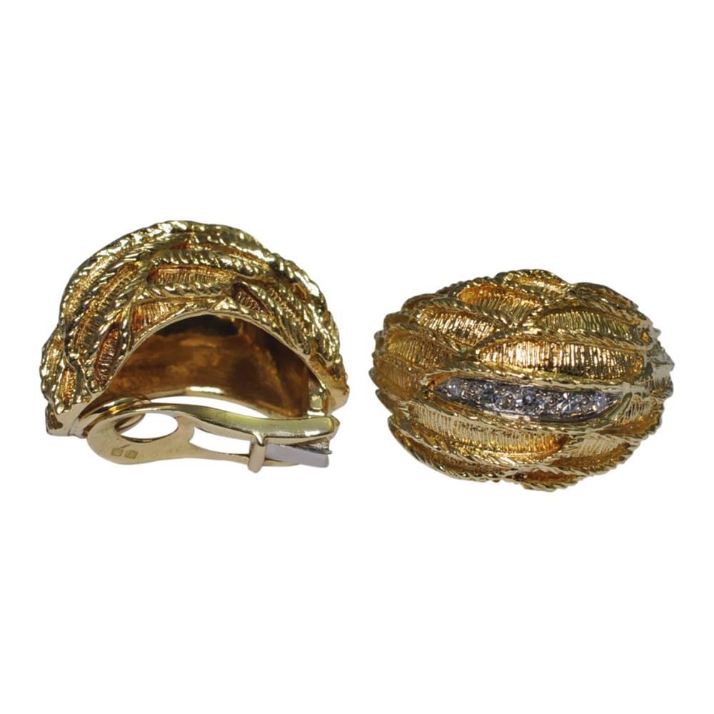 Ben Rosenfeld Ltd mid-century 18ct textured gold and diamond clip-on earrings; highly popular in the 1950s & 60s, these clip-on earrings are very representative of that era, and crafted in a textured gold design.  There are 5 8-cut diamonds up the