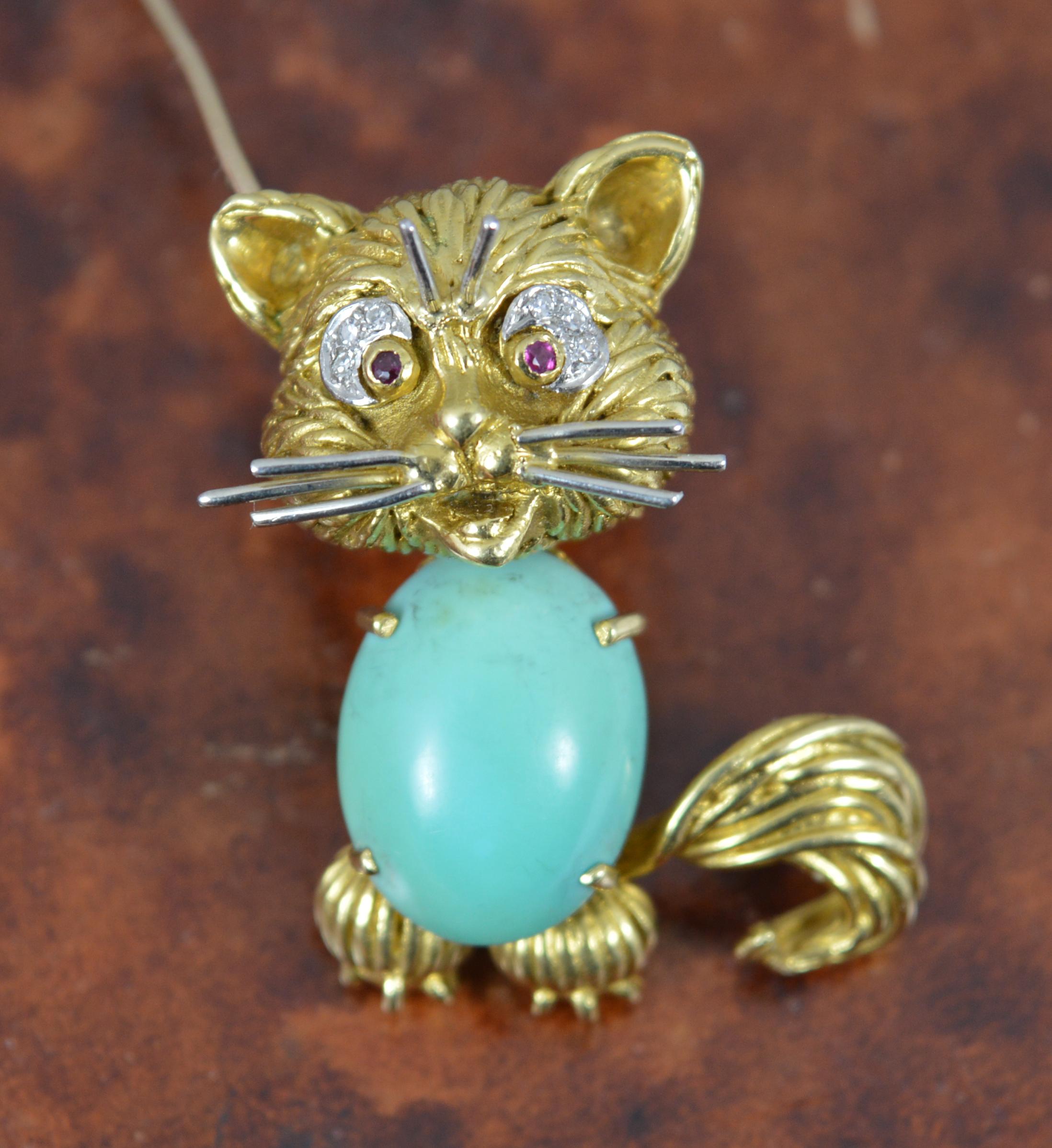 Ben Rosenfeld 18ct Gold Turquoise Ruby Diamond Novelty Cat Brooch 6