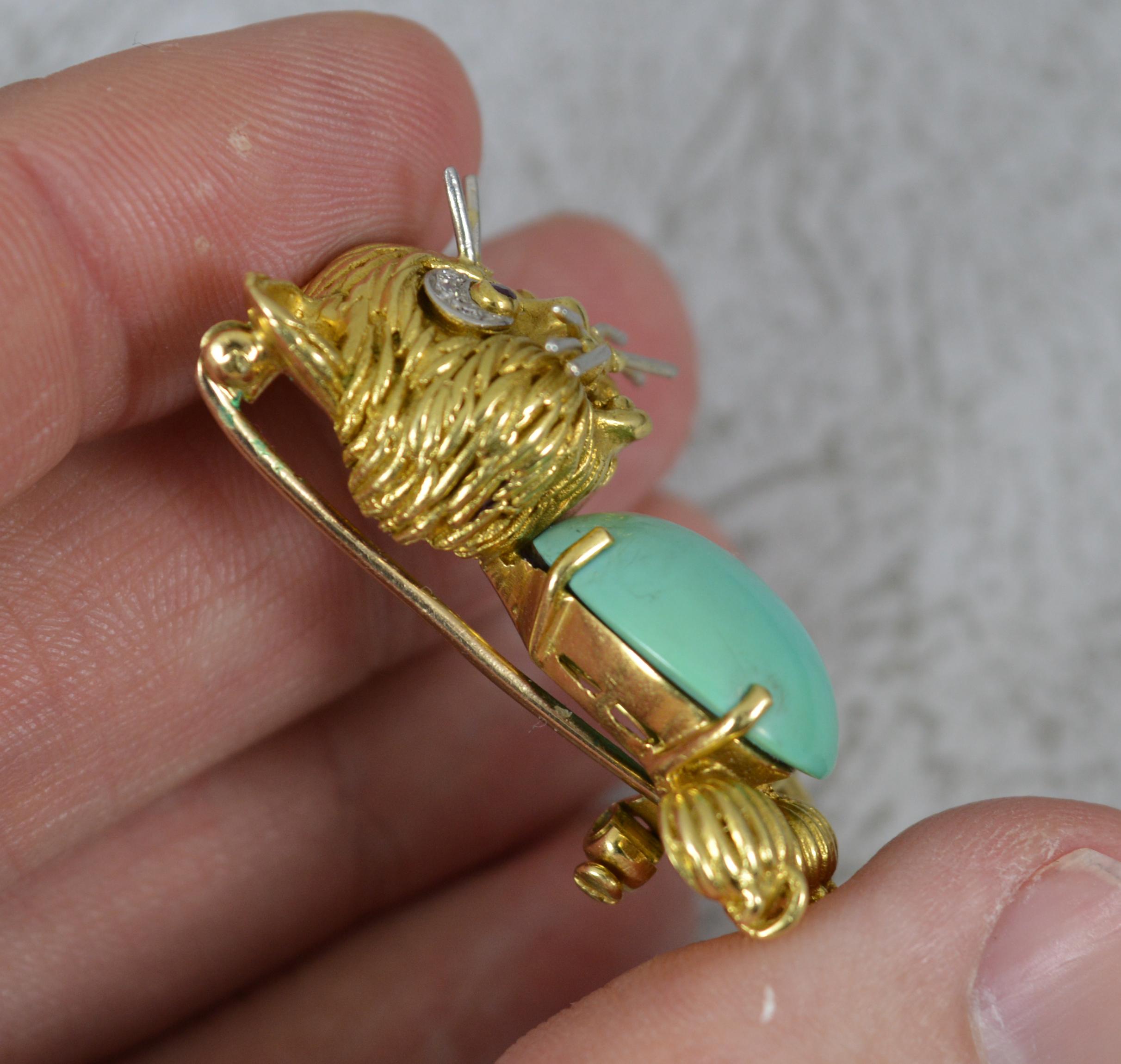 Round Cut Ben Rosenfeld 18ct Gold Turquoise Ruby Diamond Novelty Cat Brooch