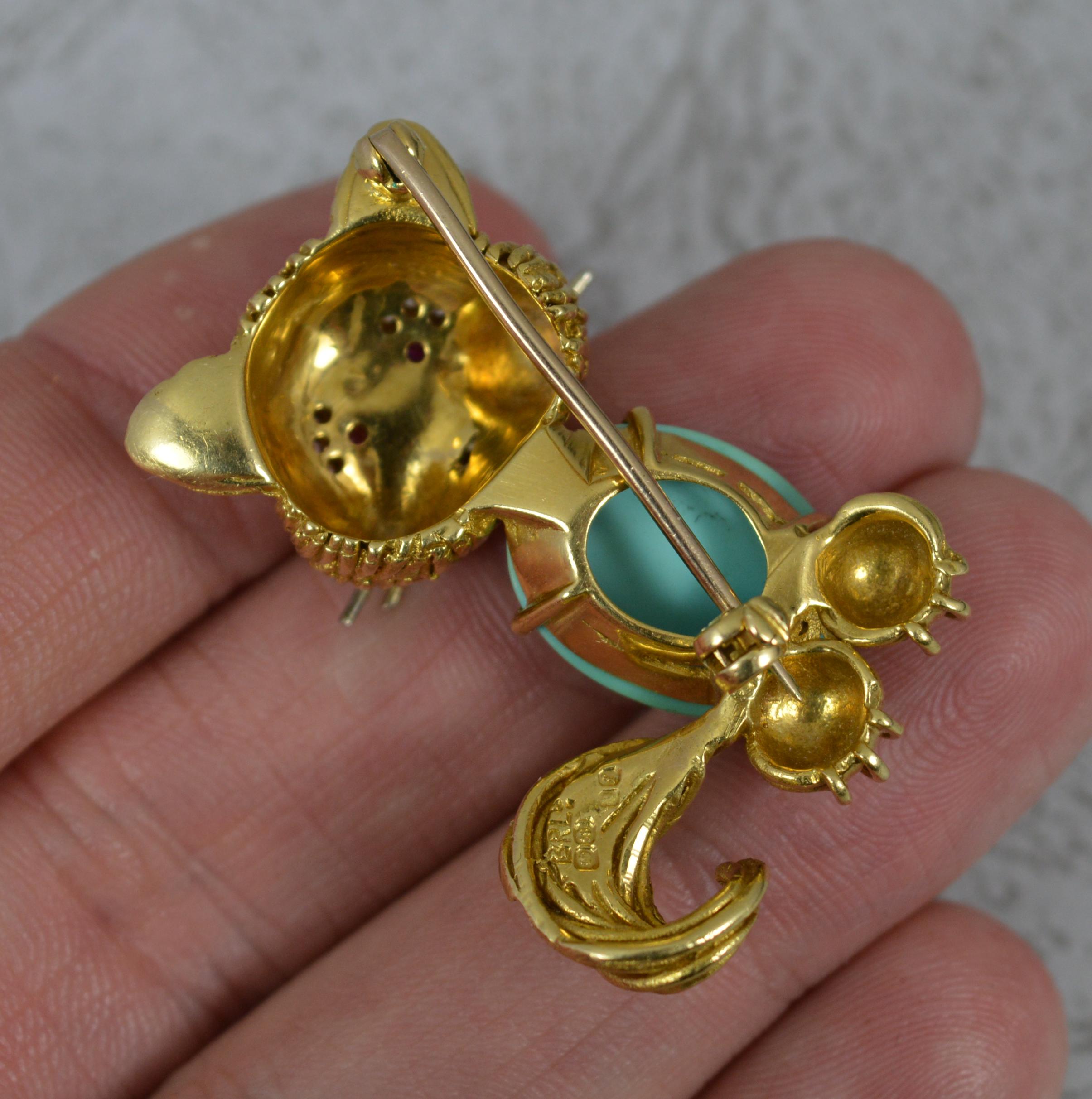 Ben Rosenfeld 18ct Gold Turquoise Ruby Diamond Novelty Cat Brooch In Excellent Condition For Sale In St Helens, GB