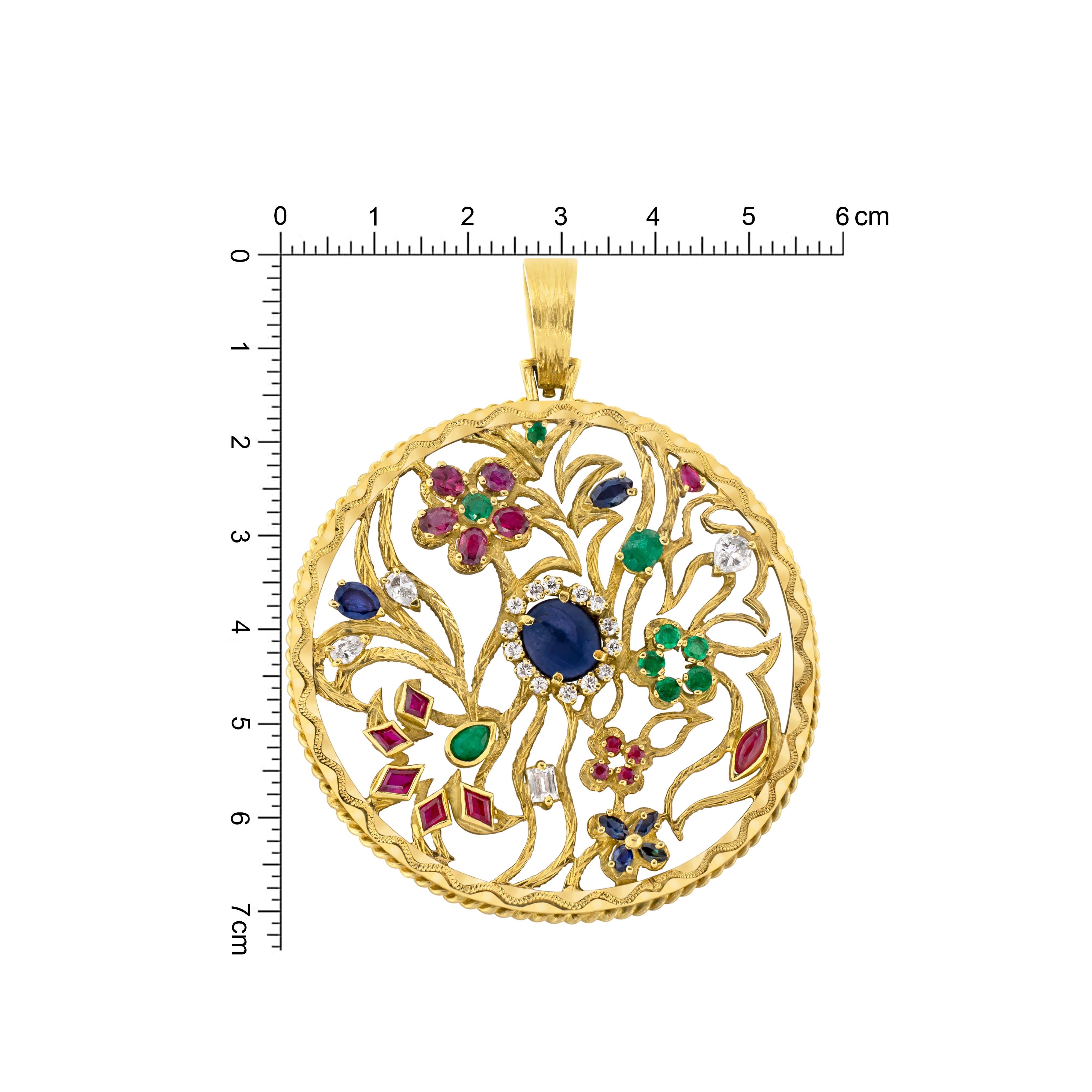 This magnificent 18 carat yellow gold pendant by Ben Rosenfeld features an incredible array of precious mixed cut gemstones including diamonds, rubies, emeralds and sapphires.
Some of the precious gemstones are grouped together forming delicate