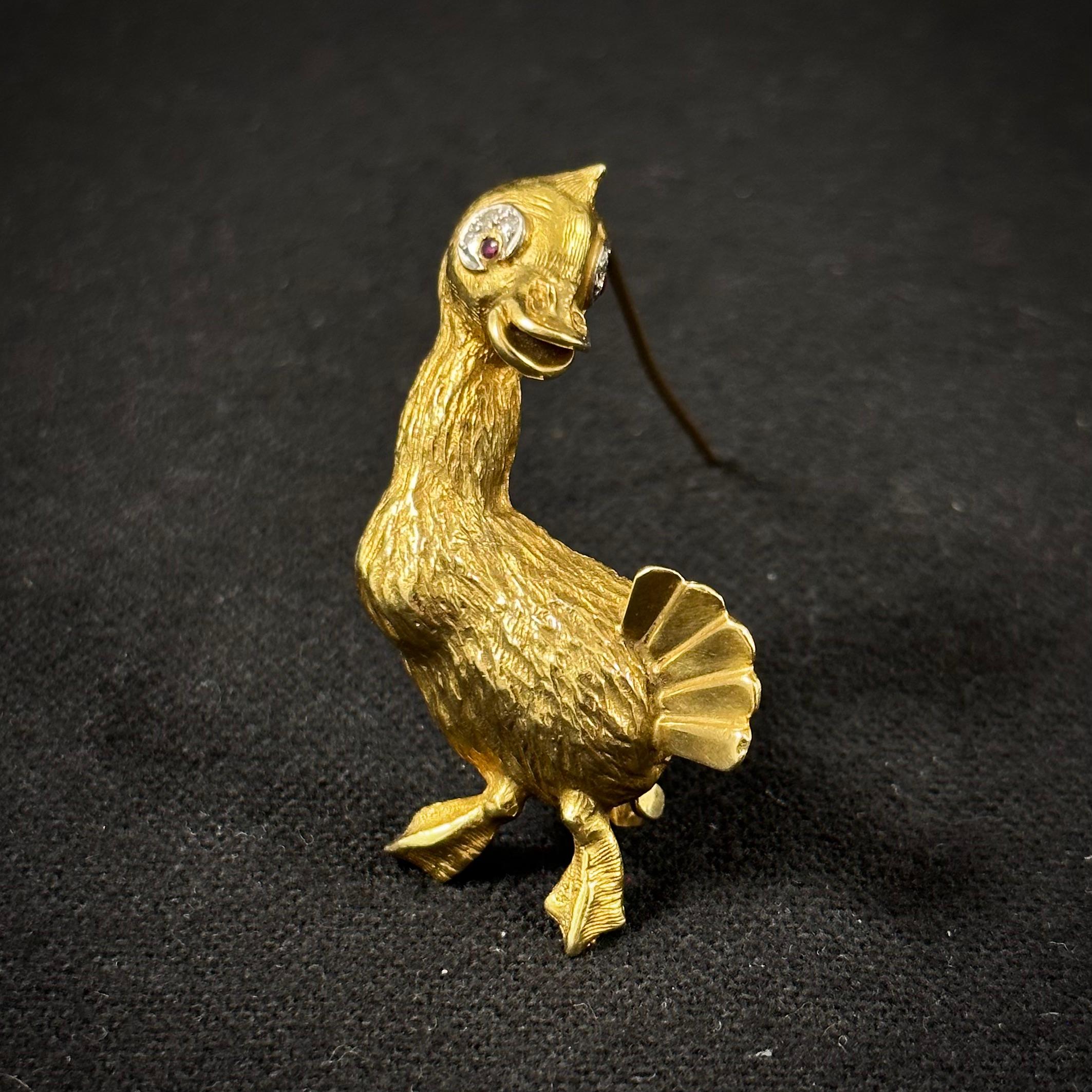 Ben Rosenfeld Diamond Ruby Duck Brooch 18K Yellow White Gold, Mid-Century, 1960s For Sale 7