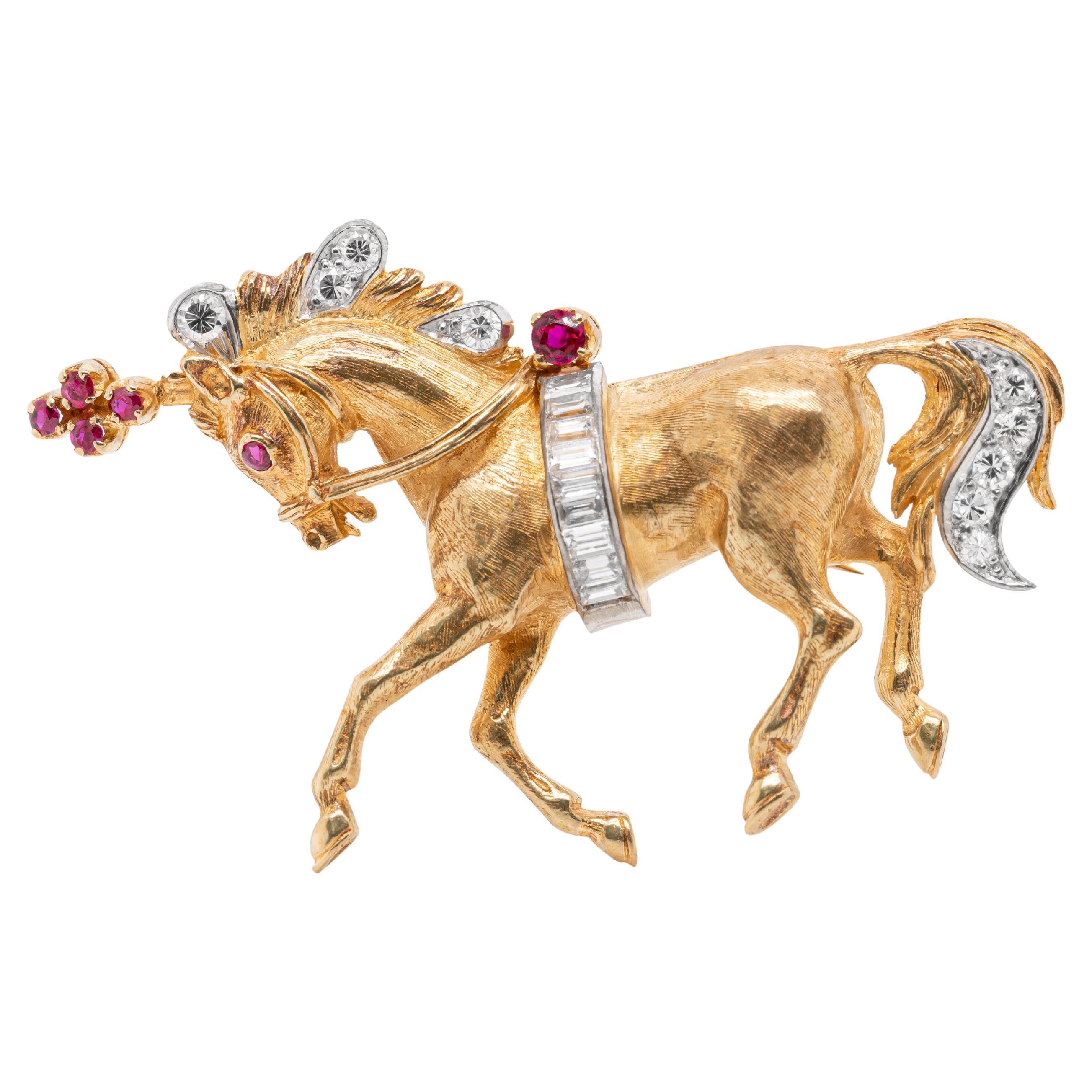 Ben Rosenfeld Ruby and Diamond 18 Carat Yellow Gold Brooch, 1961 For Sale