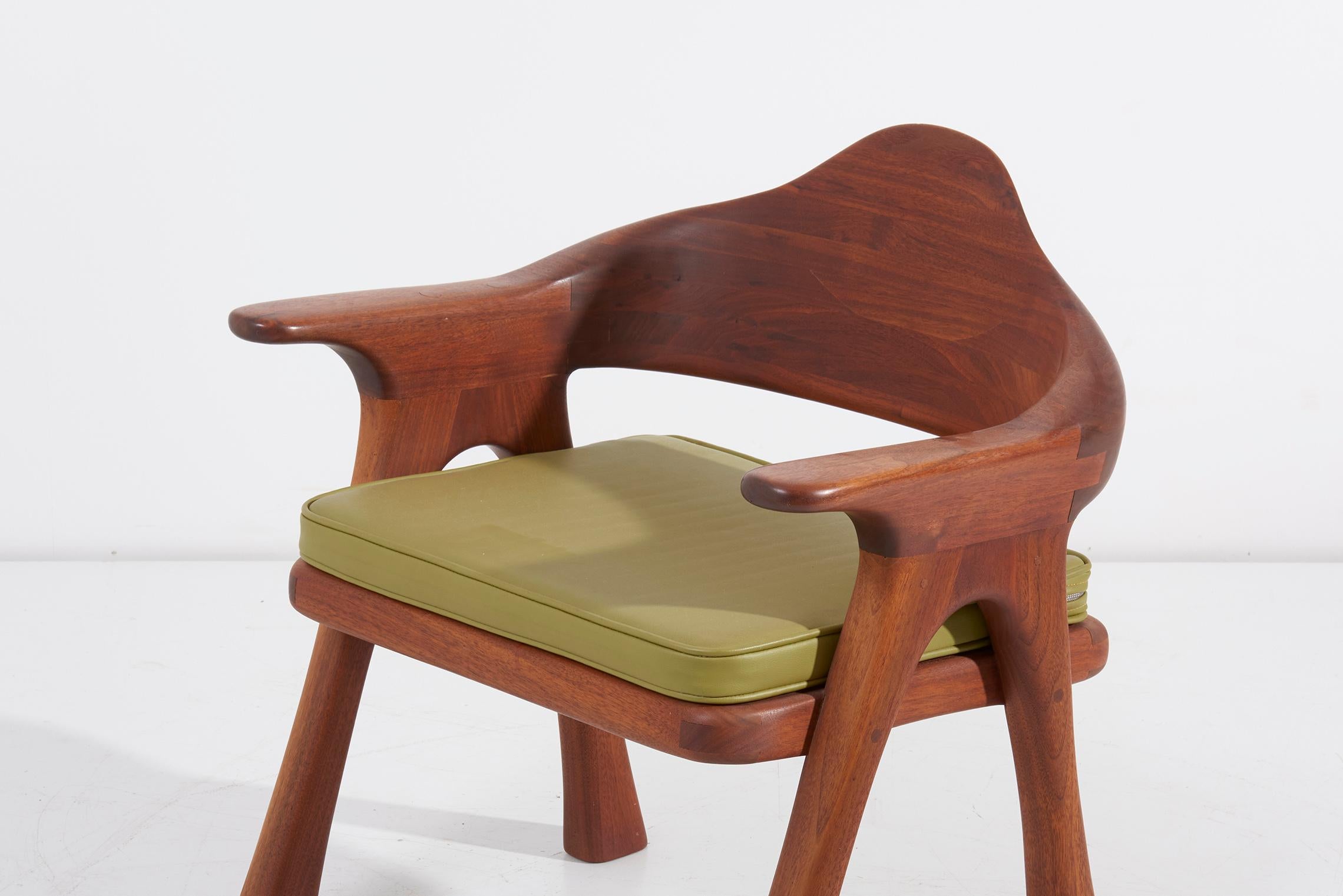 Late 20th Century Ben Rouzie 1970s Studio Lounge Chair in Solid Walnut and Moss Green leather