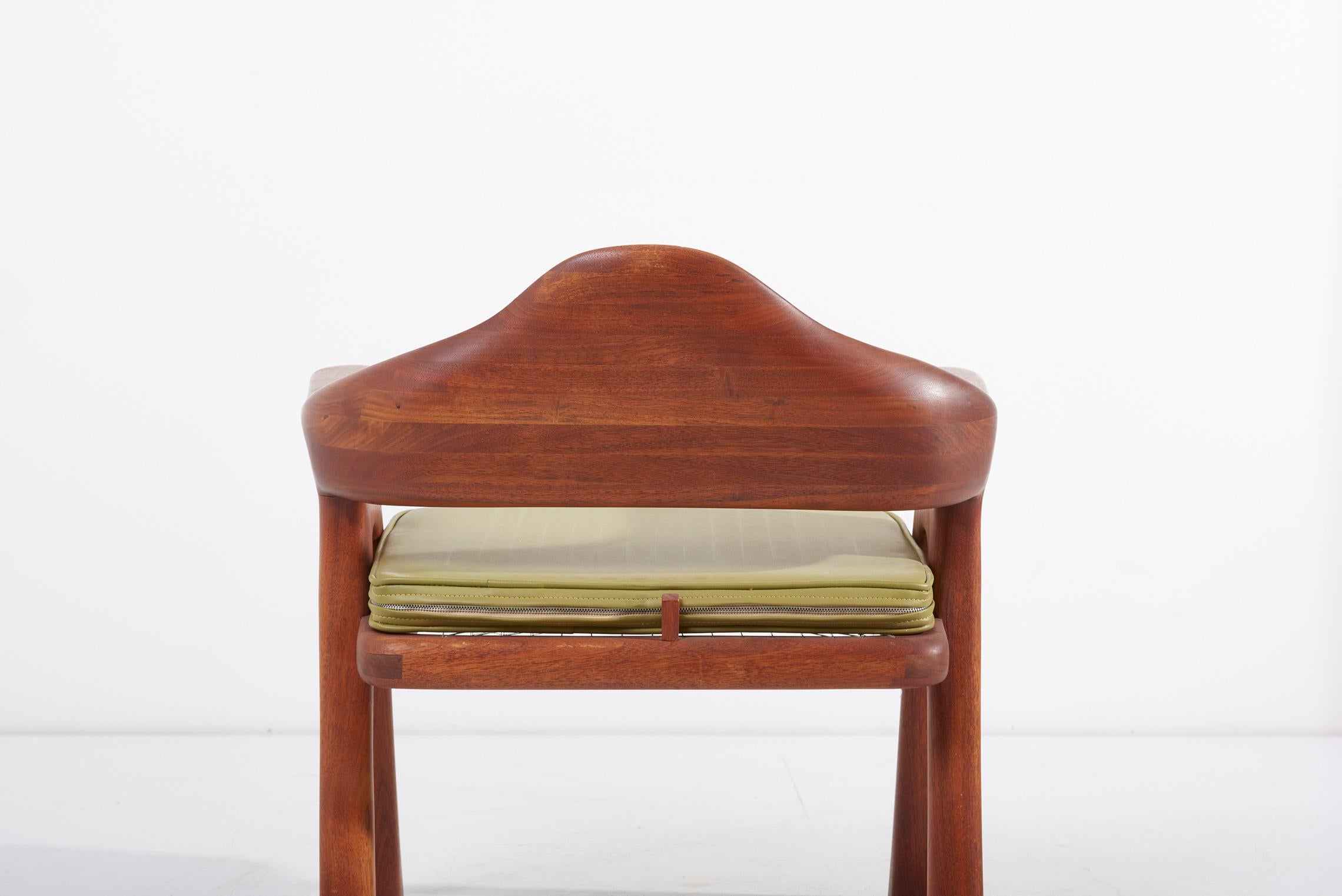 Leather Ben Rouzie 1970s Studio Lounge Chair in Solid Walnut and Moss Green leather