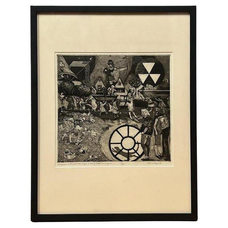 
"Landscape with radiations signs and lots of little tiny figures"
This is the title of this black and white etching numbered 12/20 and signed by the artist.
Ben Sakoguchi (born 1938) is a Japanese-American artist who was born in San Bernardino,