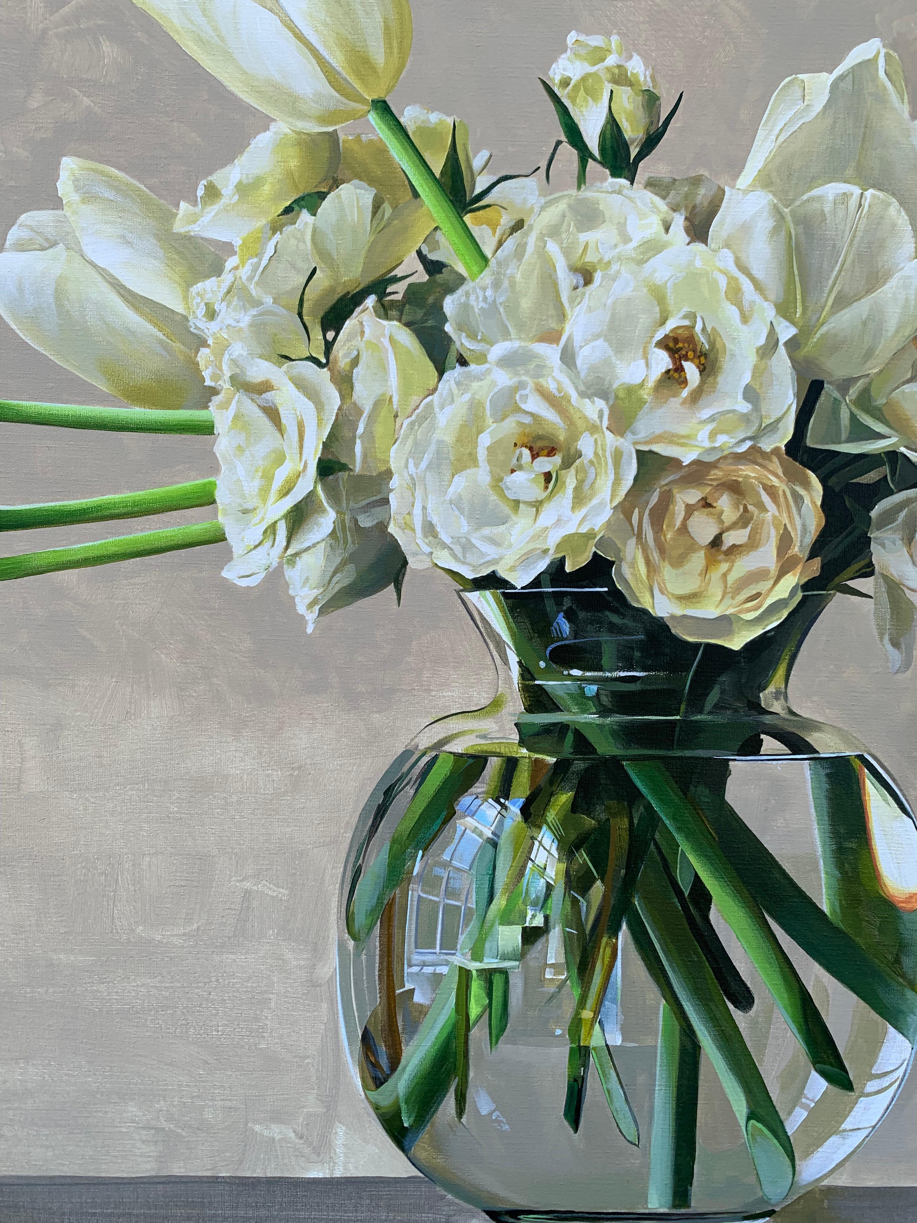 Beige & White Flowers (floral still life) - Painting by Ben Schonzeit