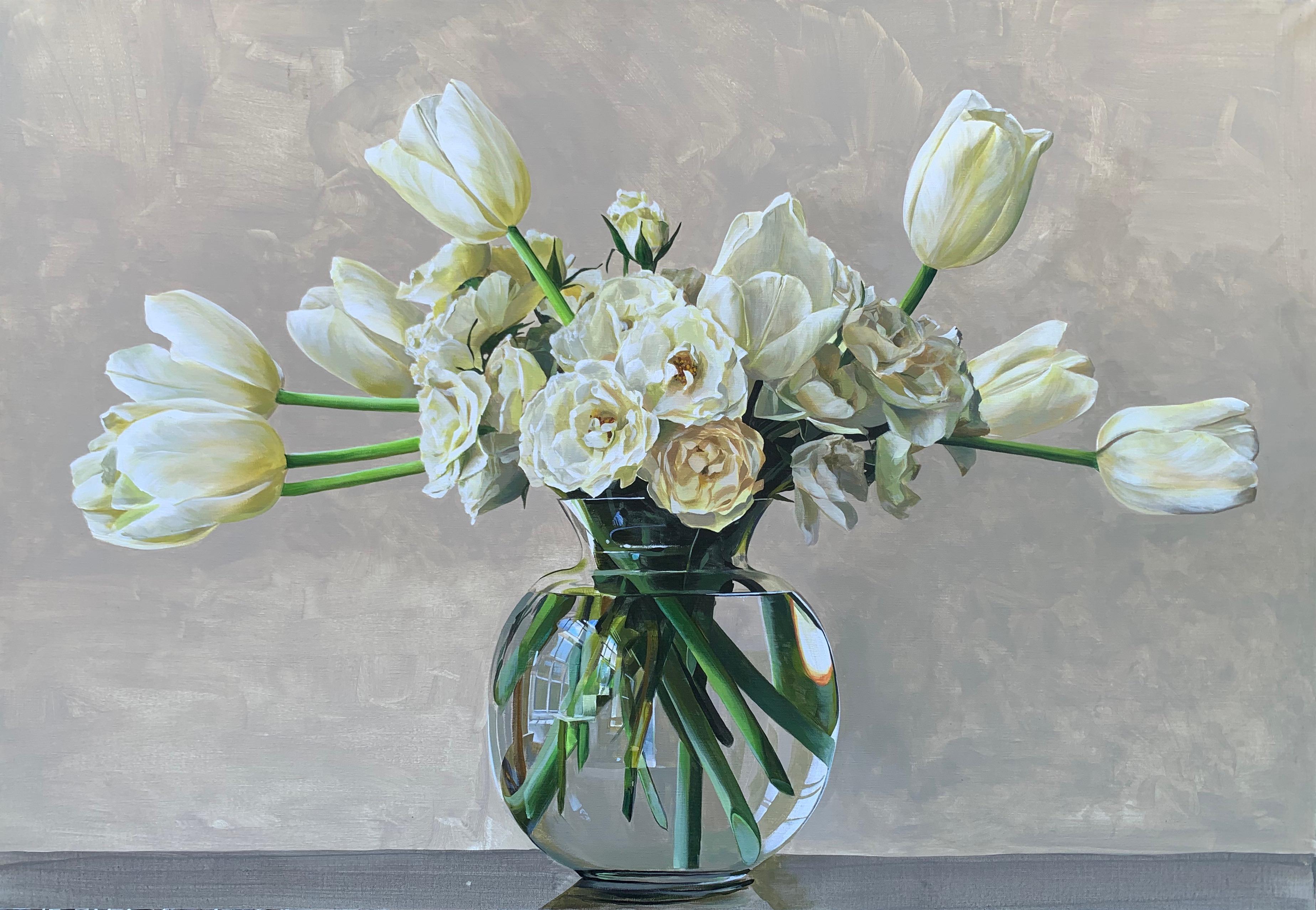 Ben Schonzeit Still-Life Painting - Beige & White Flowers (floral still life)