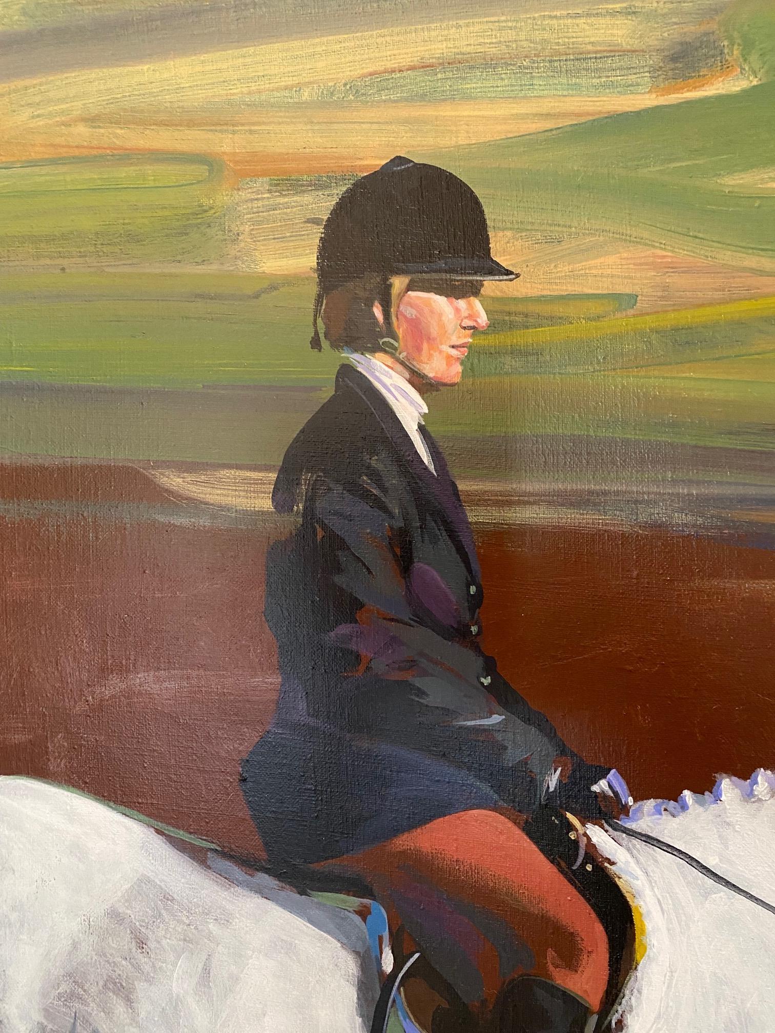 White Horse at the Hampton Classic  White Show Jumper with Rider Up - Photorealist Painting by Ben Schonzeit