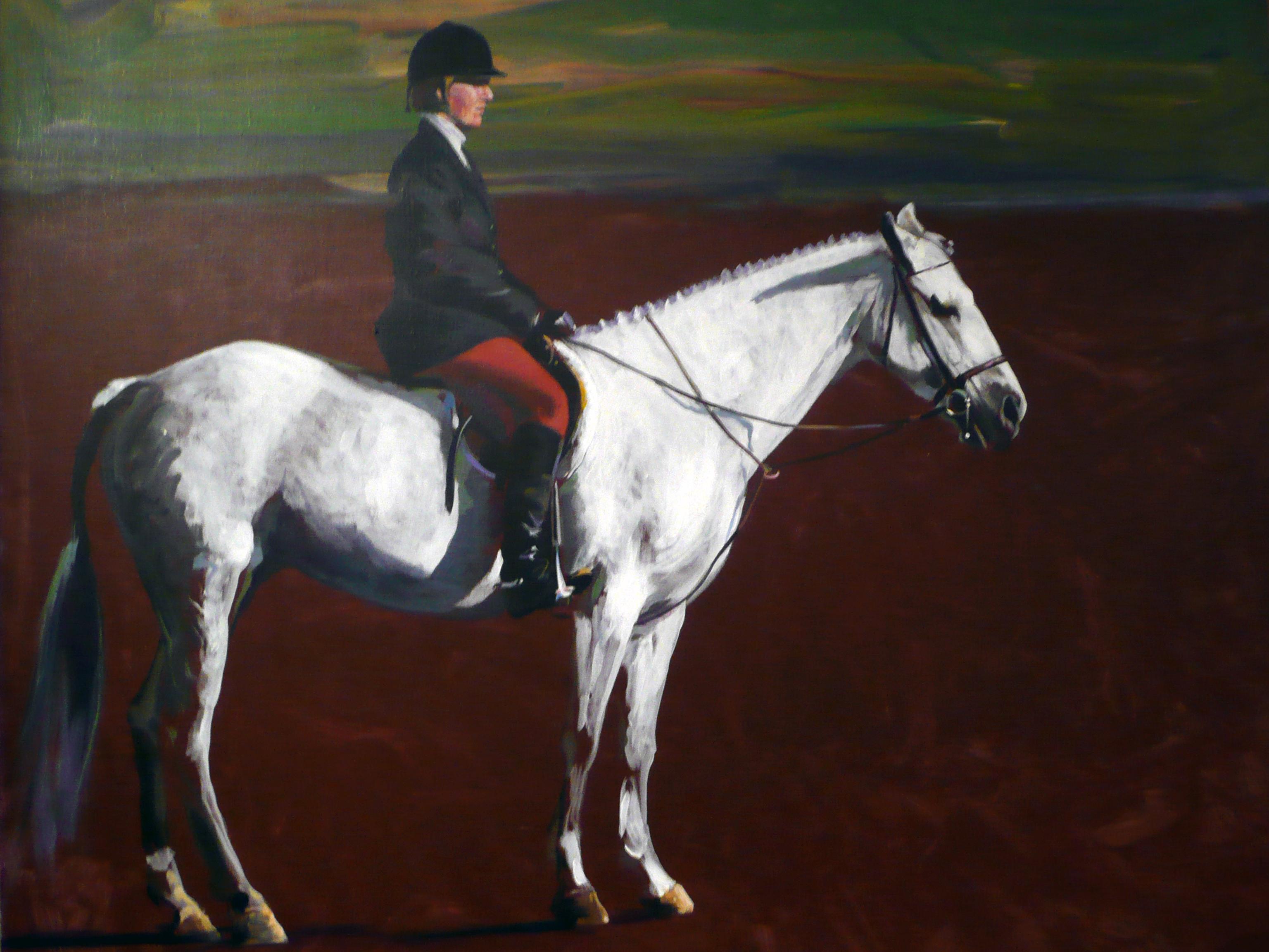 White Horse at the Hampton Classic  White Show Jumper with Rider Up - Painting by Ben Schonzeit