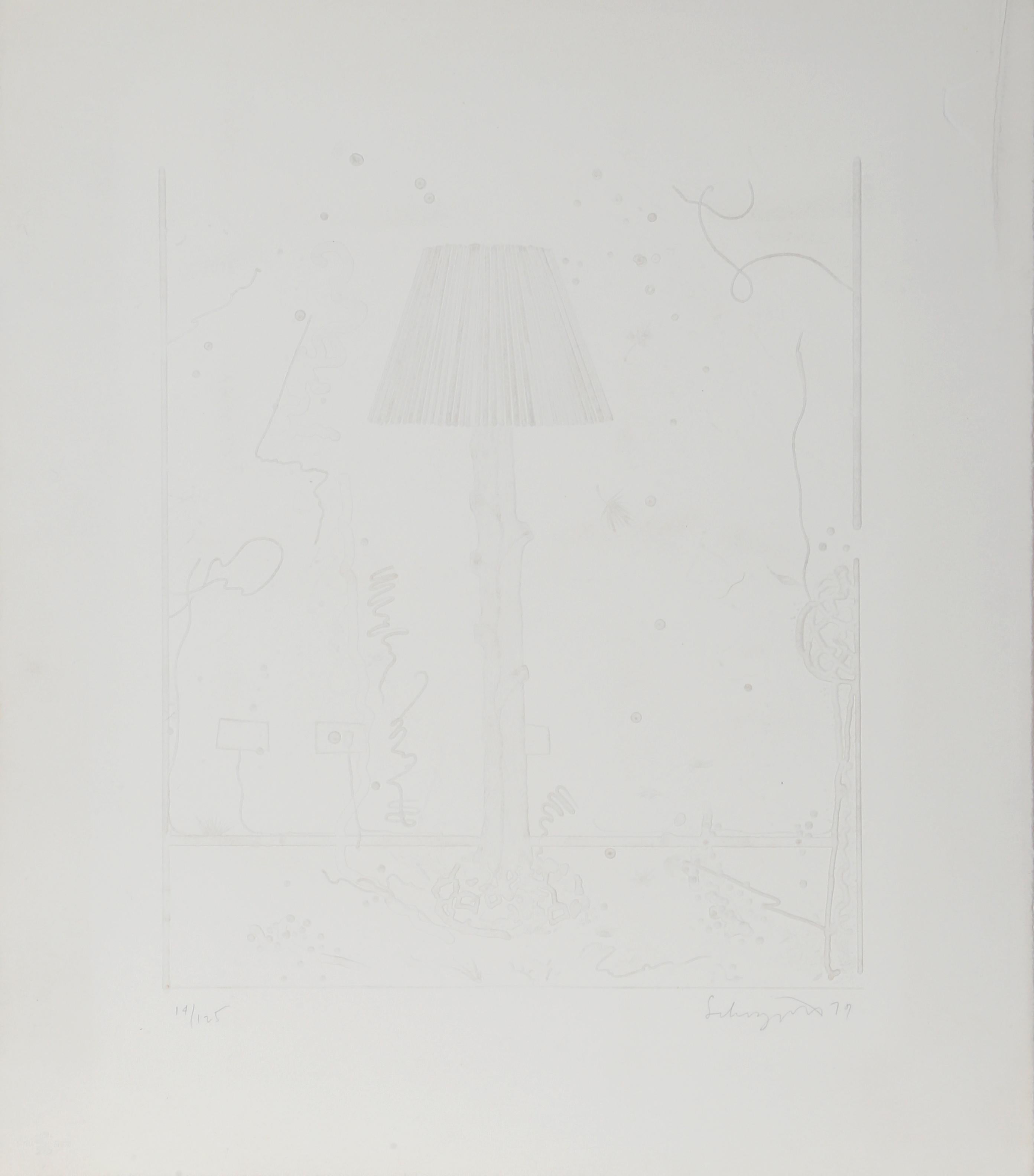 Lámparas, aguafuerte surrealista en blanco y negro de Ben Schonzeit en venta 1