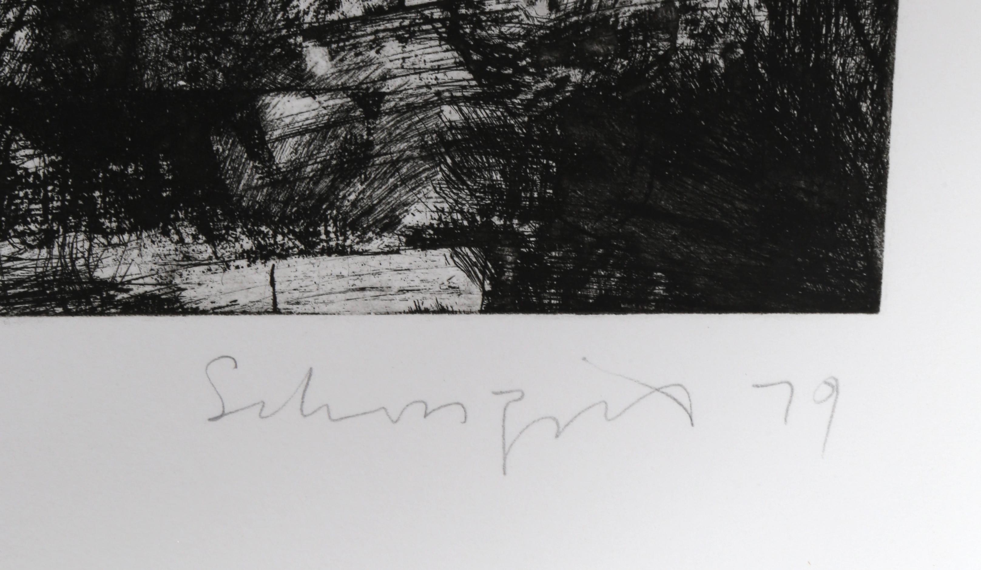 Lámparas, aguafuerte surrealista en blanco y negro de Ben Schonzeit en venta 3