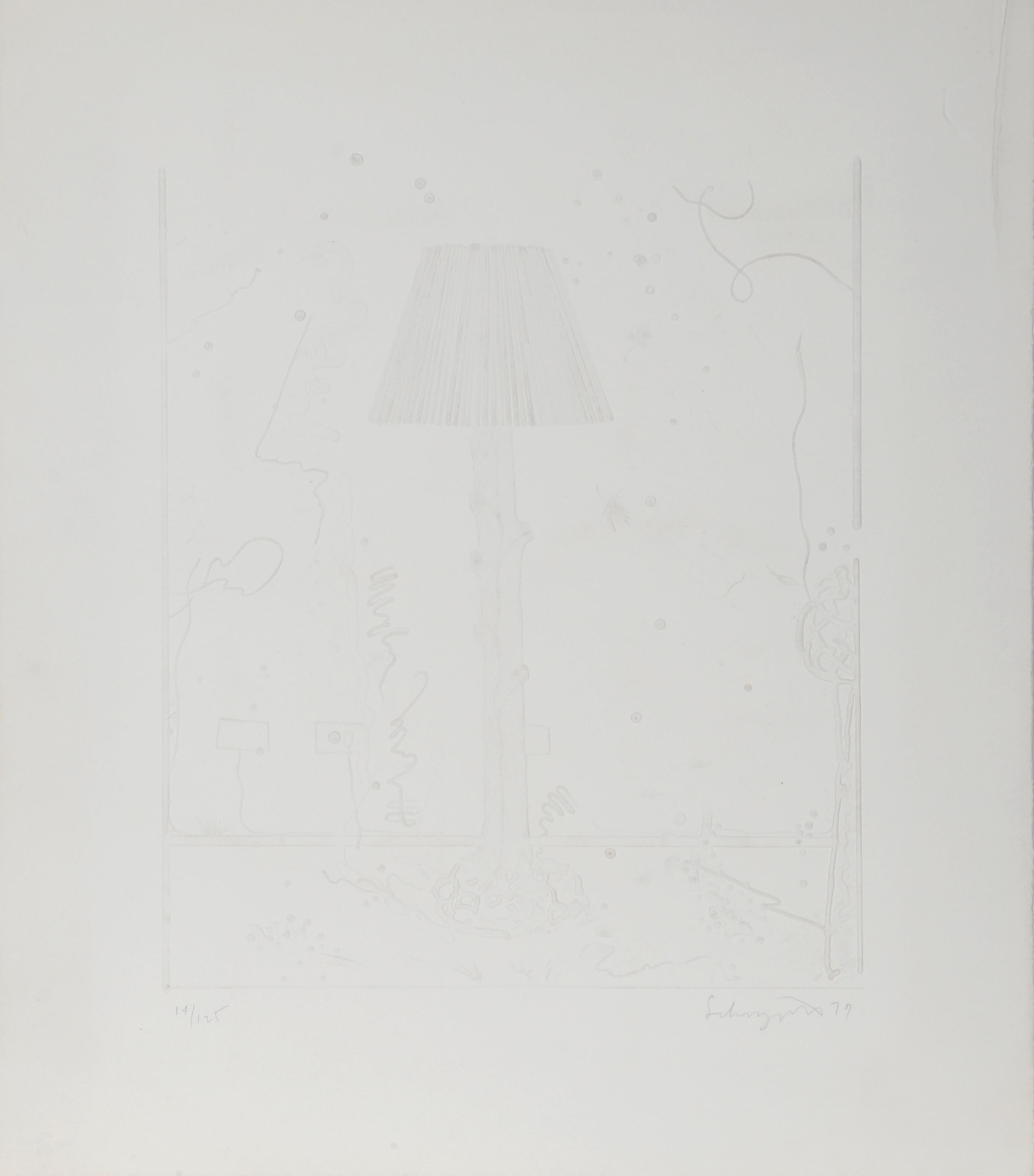 Artist: Ben Schonzeit, American (1942 - )
Title: Lamps (White)
Year: 1979
Medium: Intaglio, signed and numbered in pencil
Edition: 14/125
Size: 28.5 x 25 in. (72.39 x 63.5 cm)