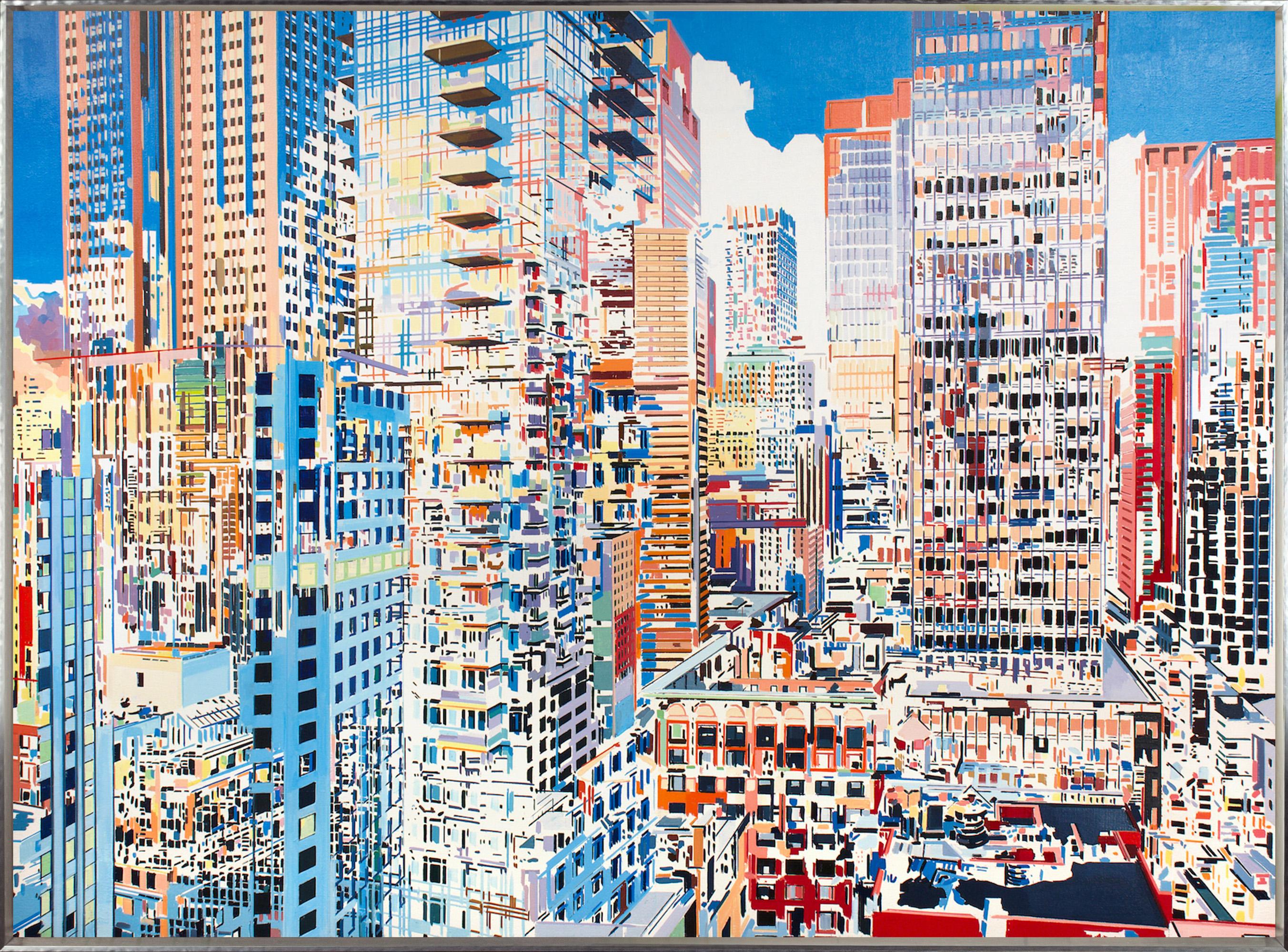 Ben Schwab Abstract Painting - "A Delicate Balance" Multi-Colored Cityscape with Sky Background