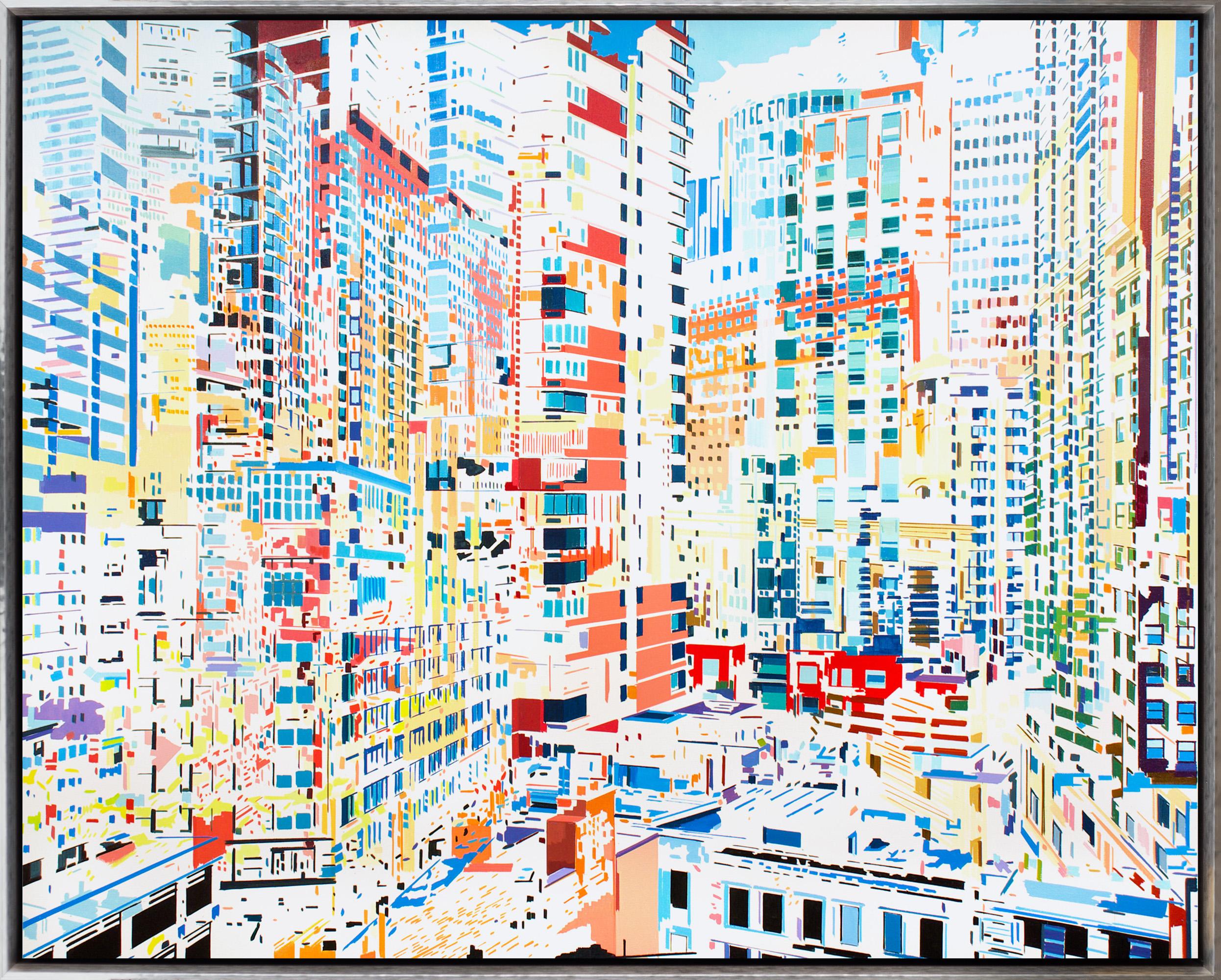 Abstract Painting Ben Schwab - "Immanence" - Paysage urbain imaginaire multicolore