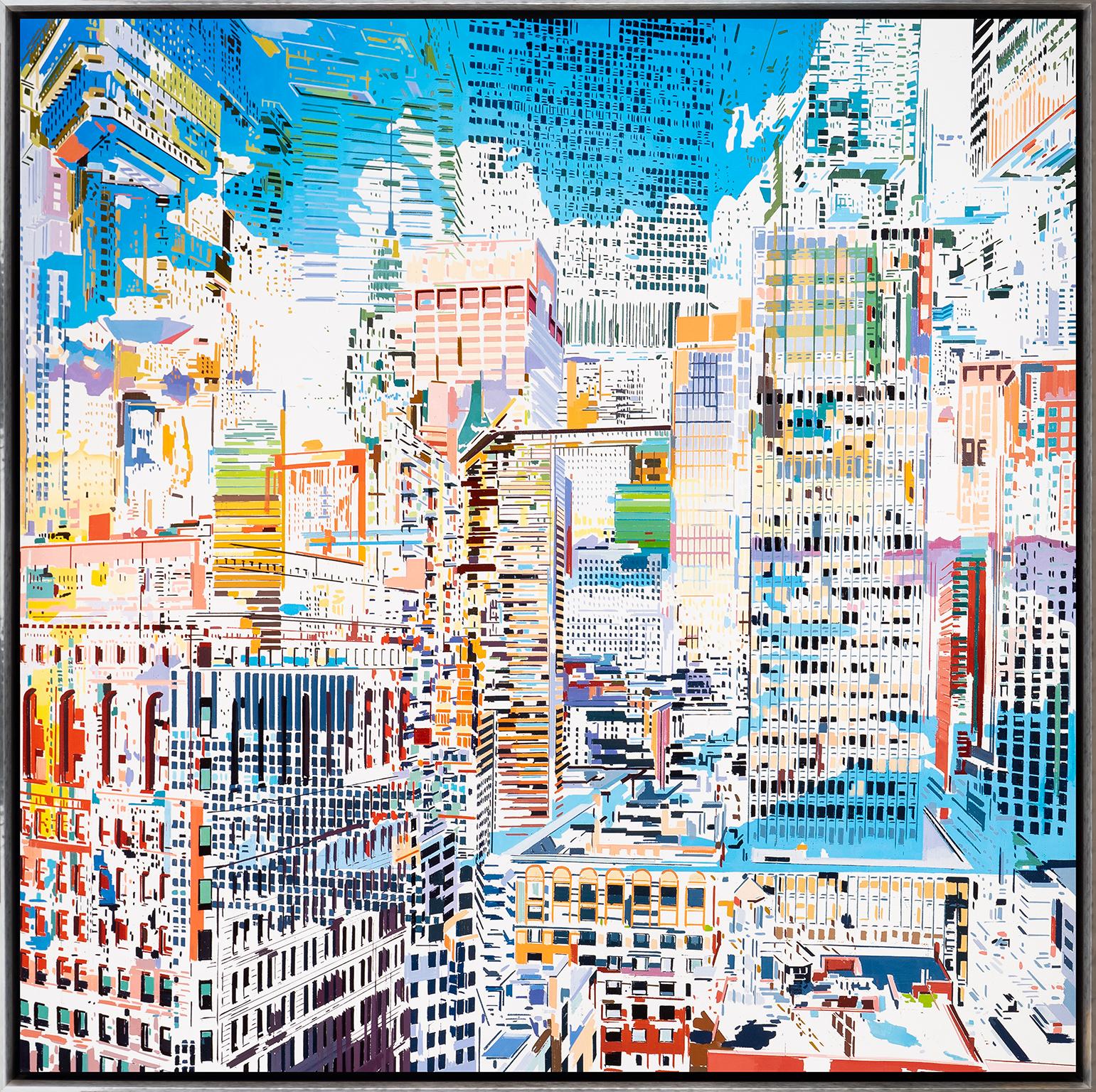 Ben Schwab Abstract Painting - "Threshold" Imagined Cityscape with Impressive Dimension and Color