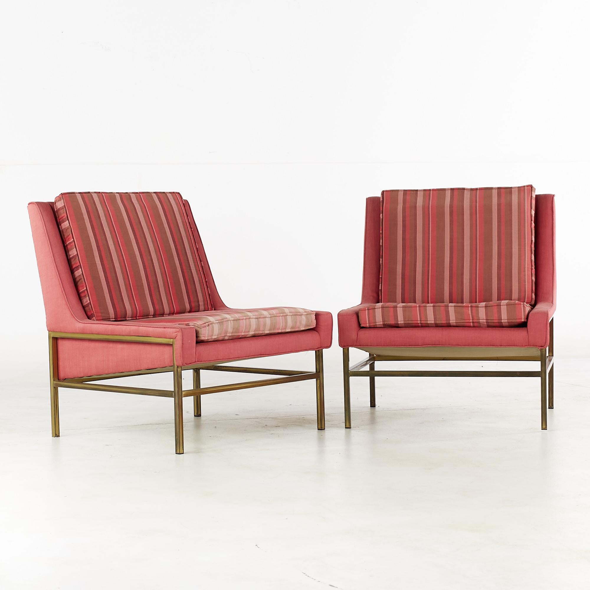 Ben Seibel for stand built furniture midcentury brass base slipper chairs - pair.

Each chair measures: 27.5 wide x 25.25 deep x 32 inches high, with a seat height / chair clearance of 16 inches.

All pieces of furniture can be had in what we