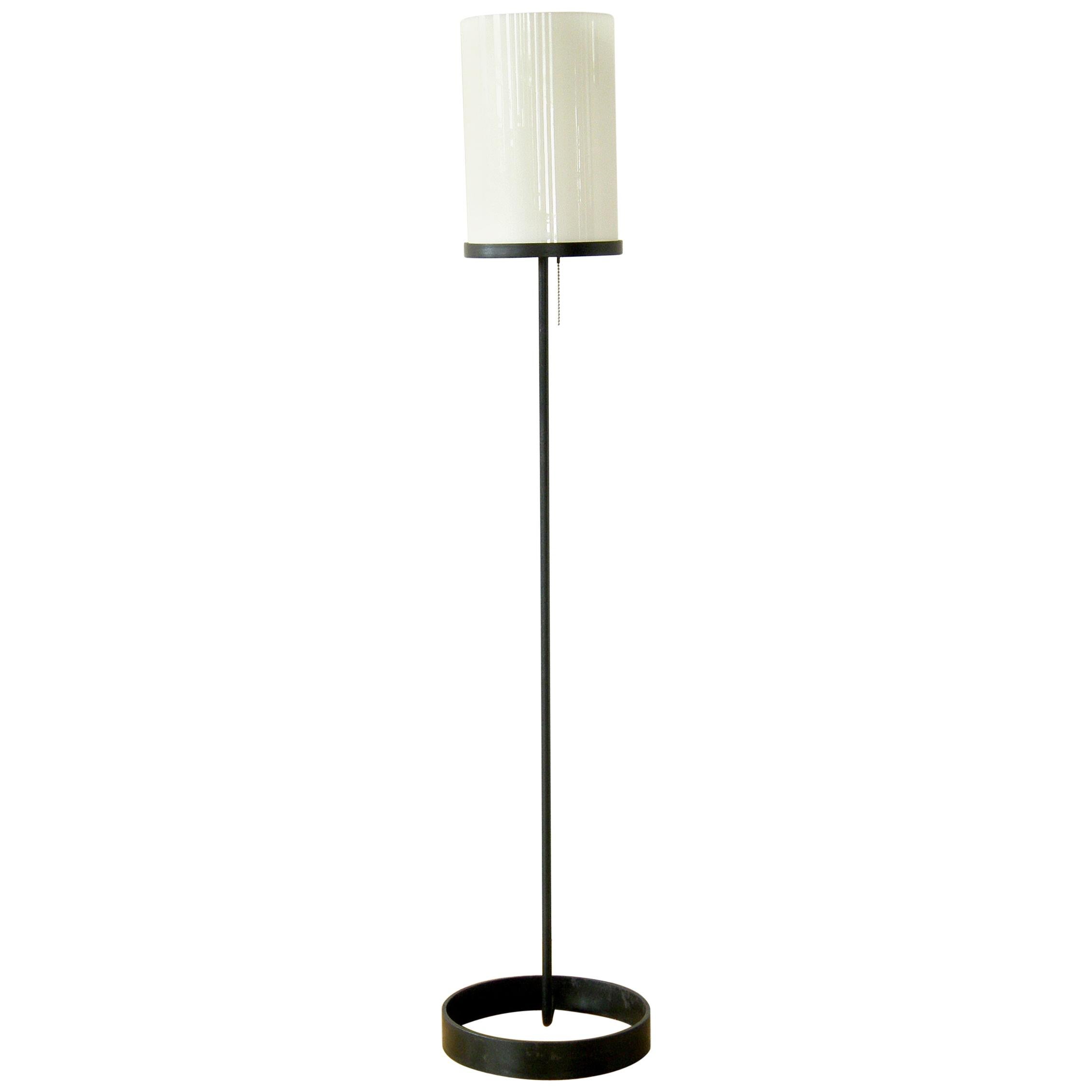 Ben Seibel Iron Base Floor Lamp for Raymor with White Glass Cylinder Shade For Sale