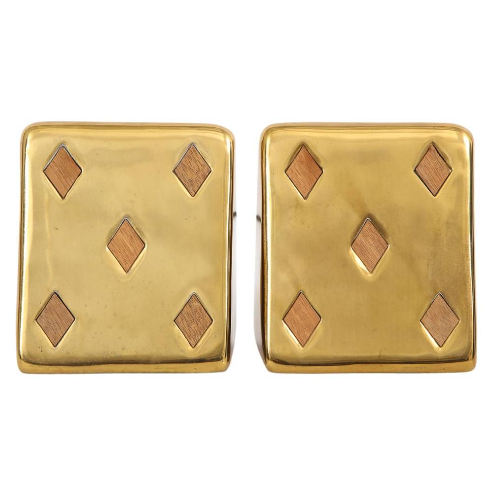 Ben Seibel brass bookends Jenfred-ware playing cards five of diamonds signed. Brass finish has a warm glowing patina with minor wear to the surface. Minute wear to inlaid wood veneer decoration. One retains original Raymor label.