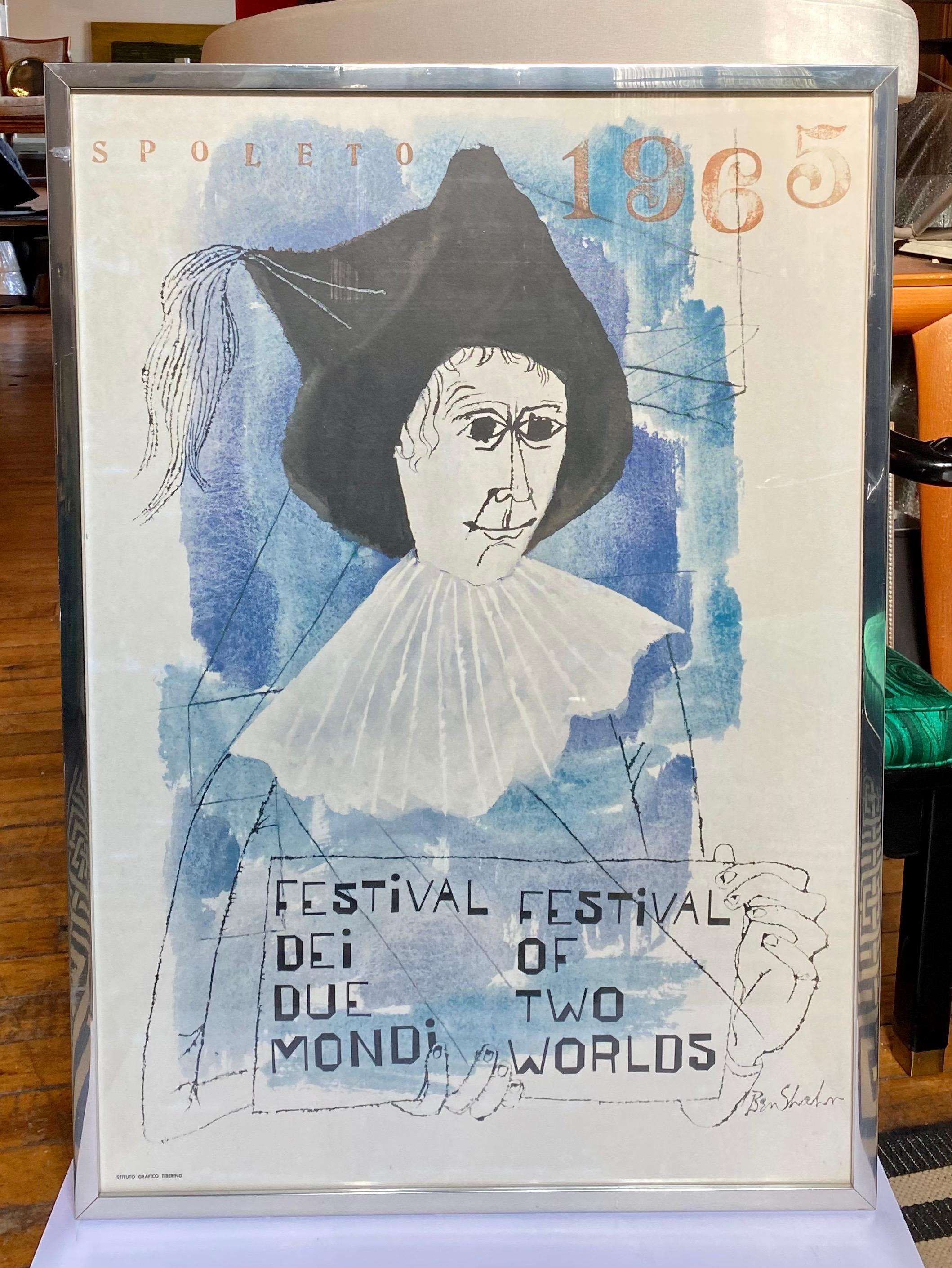 Mid-Century Modern original Ben Shahn Lithograph Exhibition poster from 1965. This figural art piece comes framed with original polished silver tone frame and clear glass front. 

Ben Shahn (American, 1898-1969) Spoleto Festival Dei Due