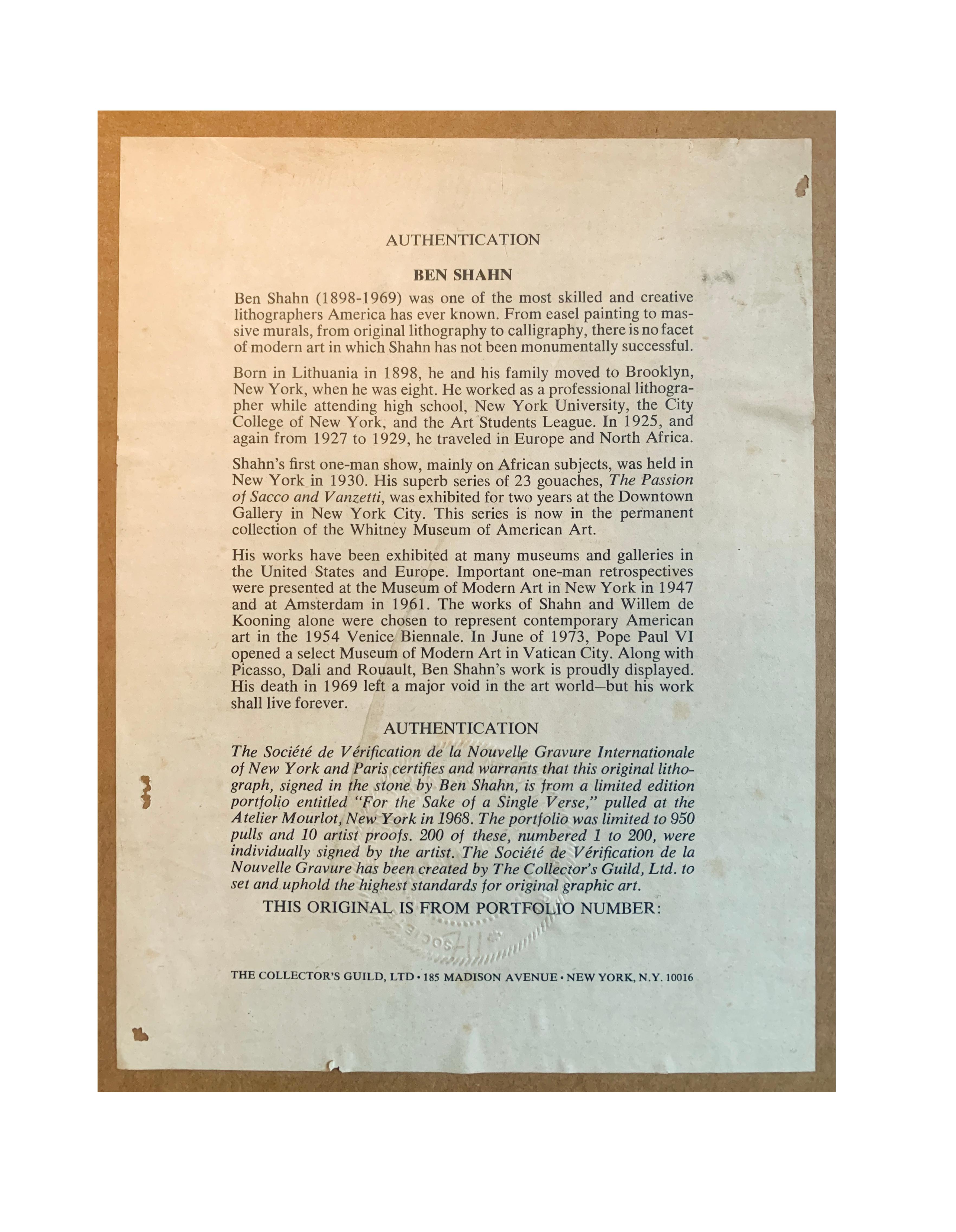 This original is from portfolio number: 711

Ben Shahn (1898 - 1969) was one of the most skilled and creative lithographers America has ever known. From easel painting to massive murals, from original lithography to calligraphy, there is no facet