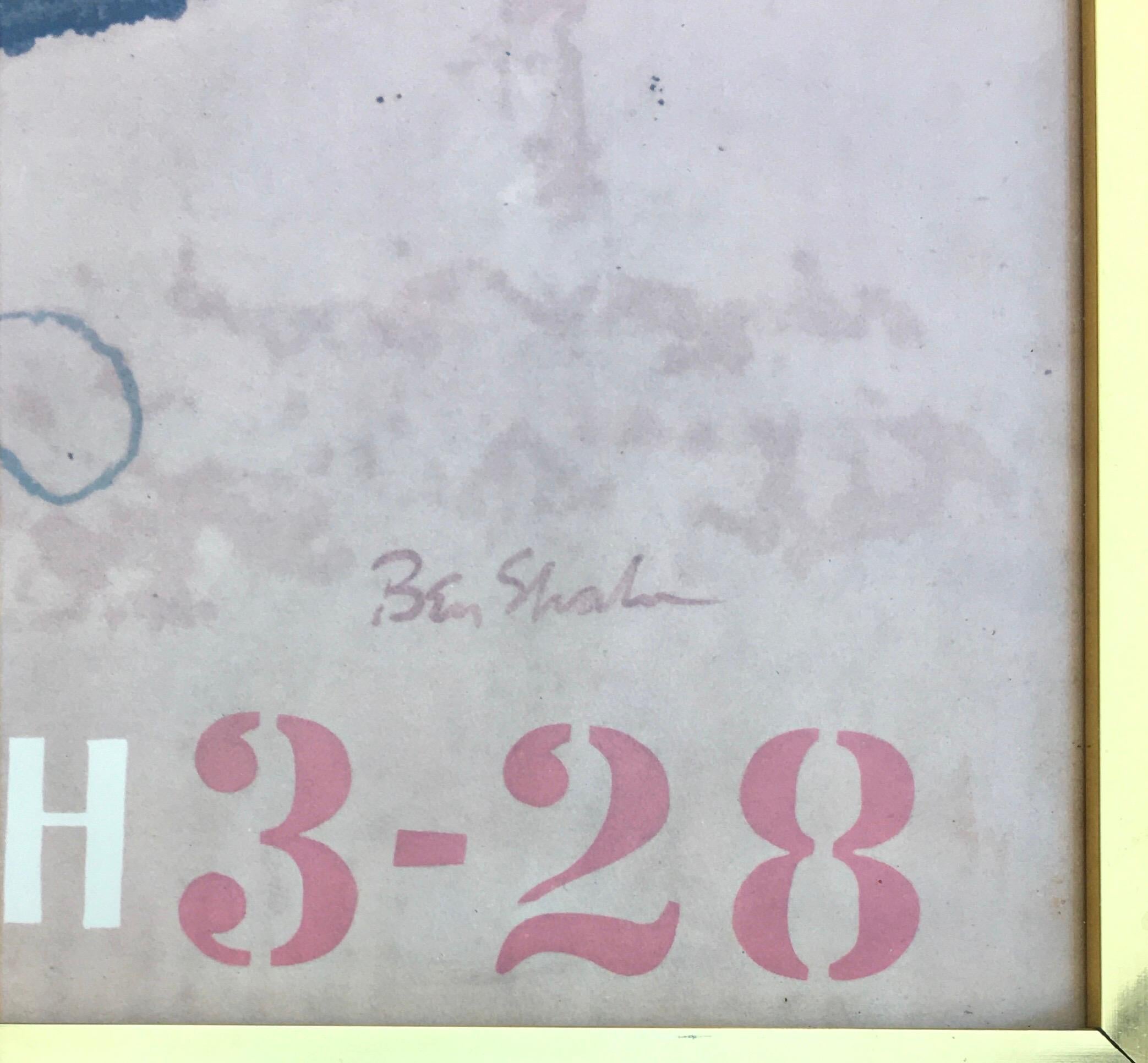 Midcentury Modern 1964 affiche d'exposition originale en lithographie de Ben Shahn datée du 3 au 28 mars.  Cet art abstrait figuratif est encadré dans un cadre original en laiton derrière un verre transparent.

Médium : Photolithographie offset