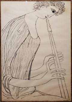 Retro Ben Shahn Lithograph of "Boy Playing Double Oboe from Hallelujah"