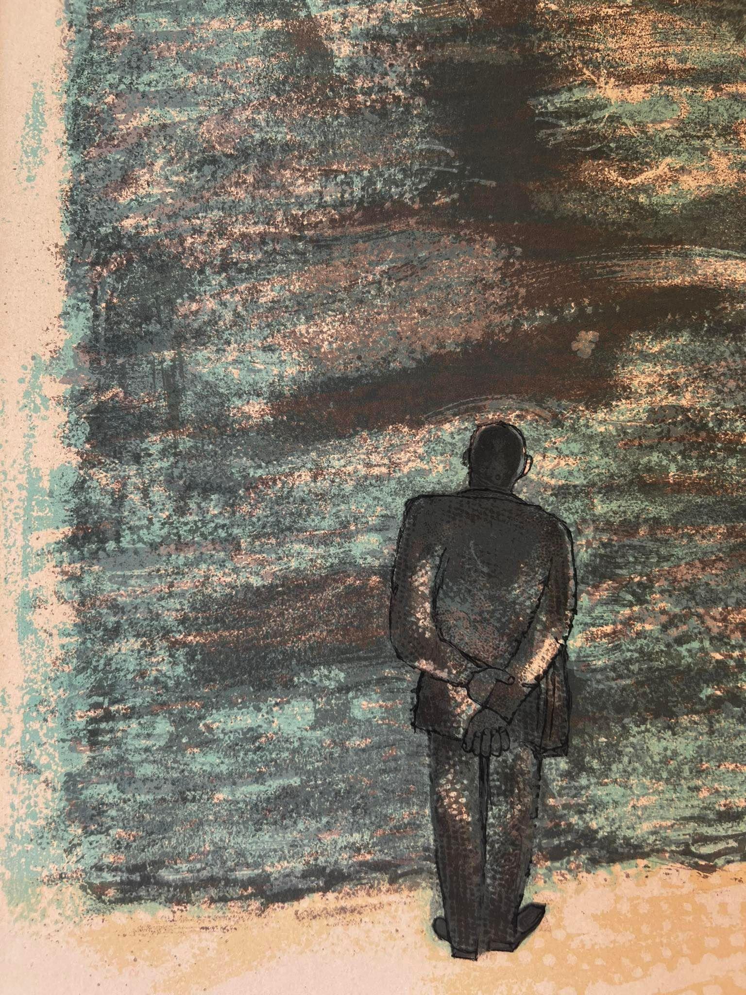 This Ben Shahn lithograph combines the figurative and the abstract. The figure faces out into what seems to be the ocean. The colors shift in the waters- where is their reflection? This mysterious piece is sold in its original frame and signed by
