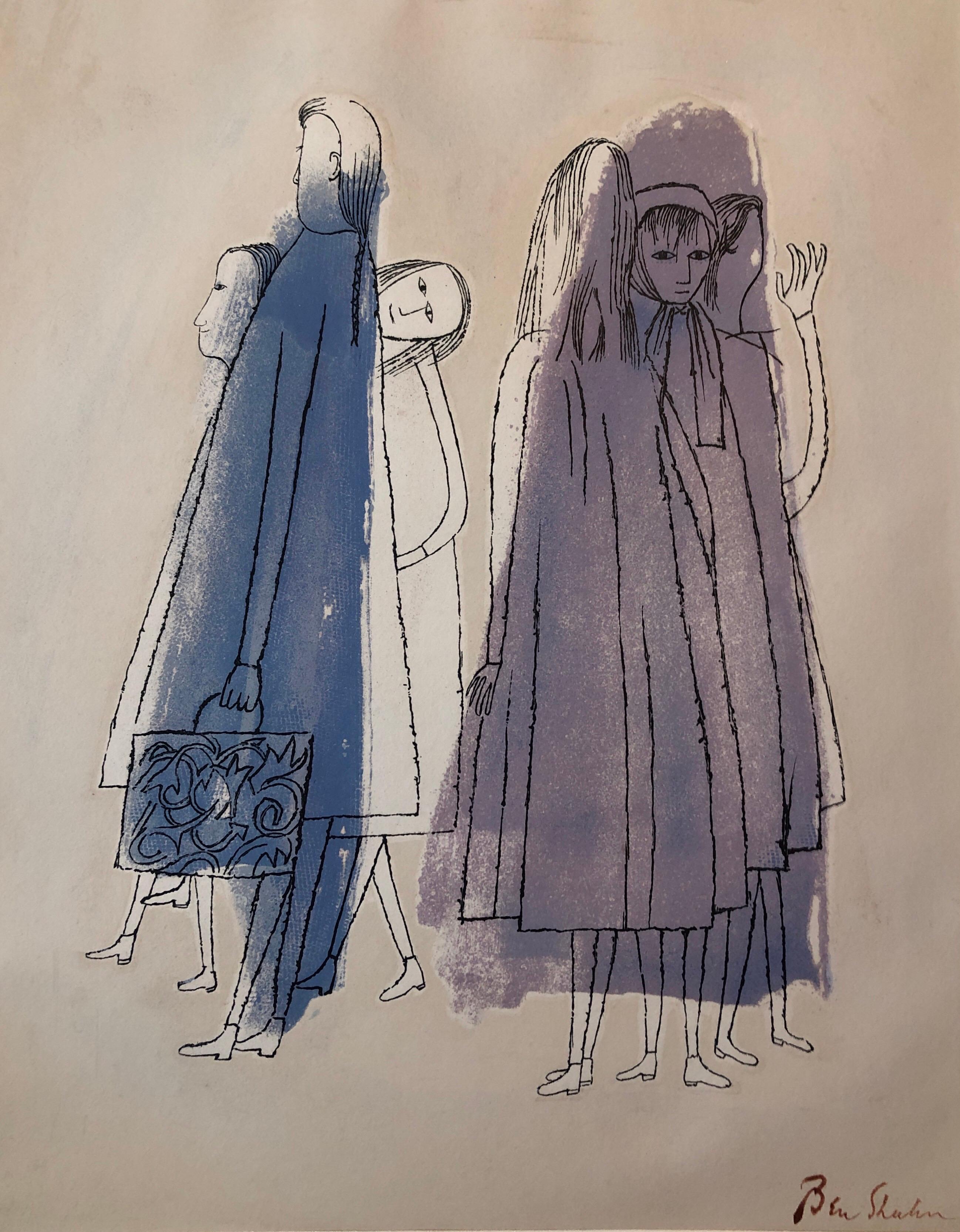 "To Days of Childhood That are Still Unexplained".  It depicts six female silhouette figures in long dresses or coats against a blue and pastel purple background. From the Rainier Maria Rilke portfolio, For the Sake of a Single Verse, New York, 1968