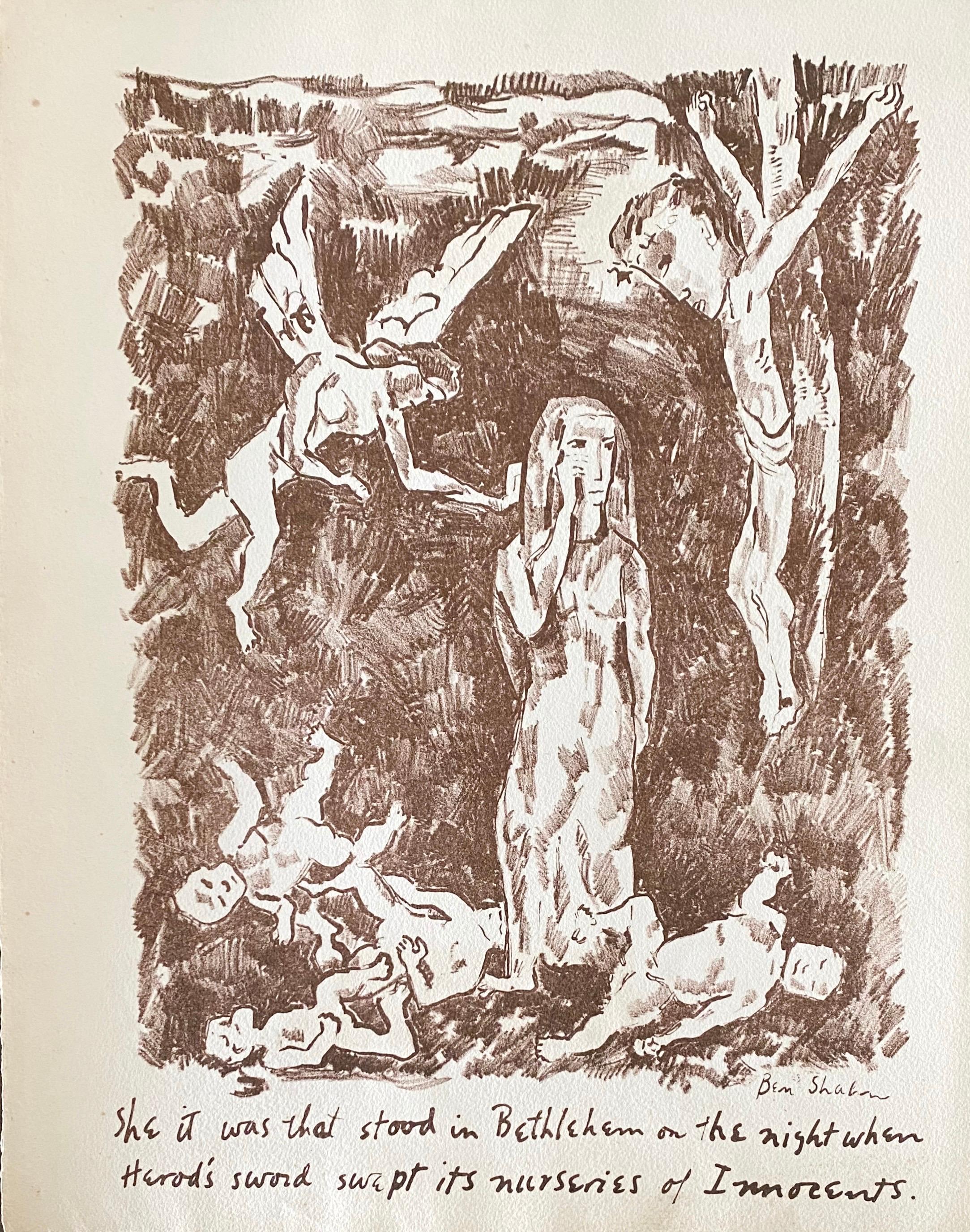 ESCASA OBRA TEMPRANA.  BEN SHAHN
Levana y los Dolores de Nuestra Señora.
litografía impresa en sepia sobre Papier Ancien, 1931. 13 1/8x9 7/8 pulgadas (hojas), márgenes completos, suelto tal como se publicó.
Uno de sólo 12 ejemplares numerados, de