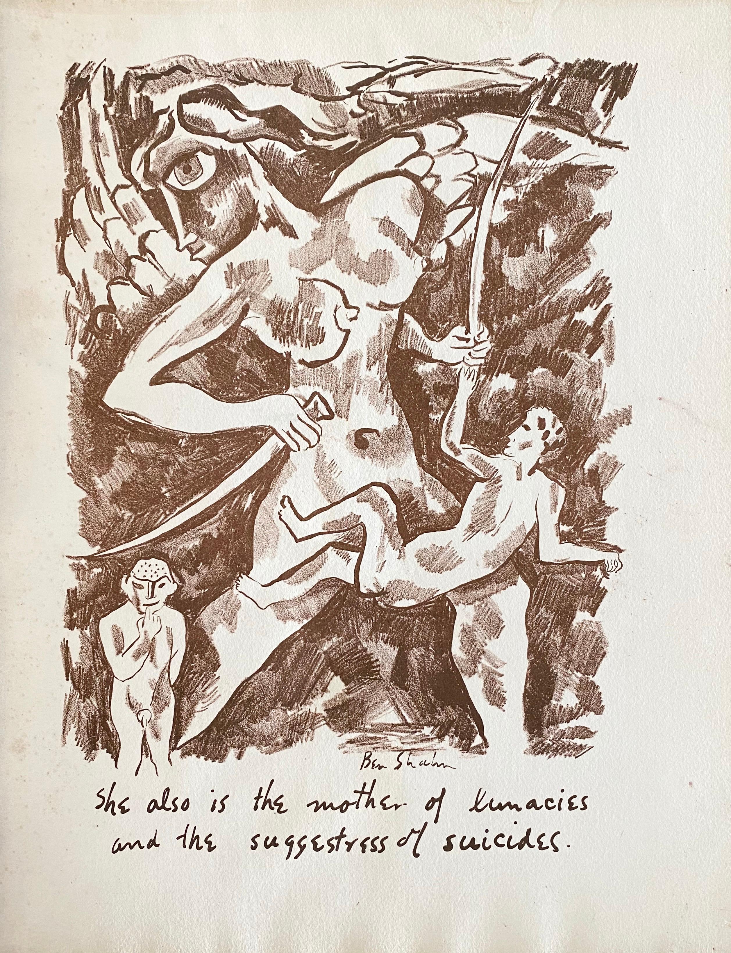 ESCASA OBRA TEMPRANA.  BEN SHAHN
Levana y los Dolores de Nuestra Señora.
litografía impresa en sepia sobre Papier Ancien, 1931. 13 1/8x9 7/8 pulgadas (hojas), márgenes completos, suelto tal como se publicó.
Uno de sólo 12 ejemplares numerados, de