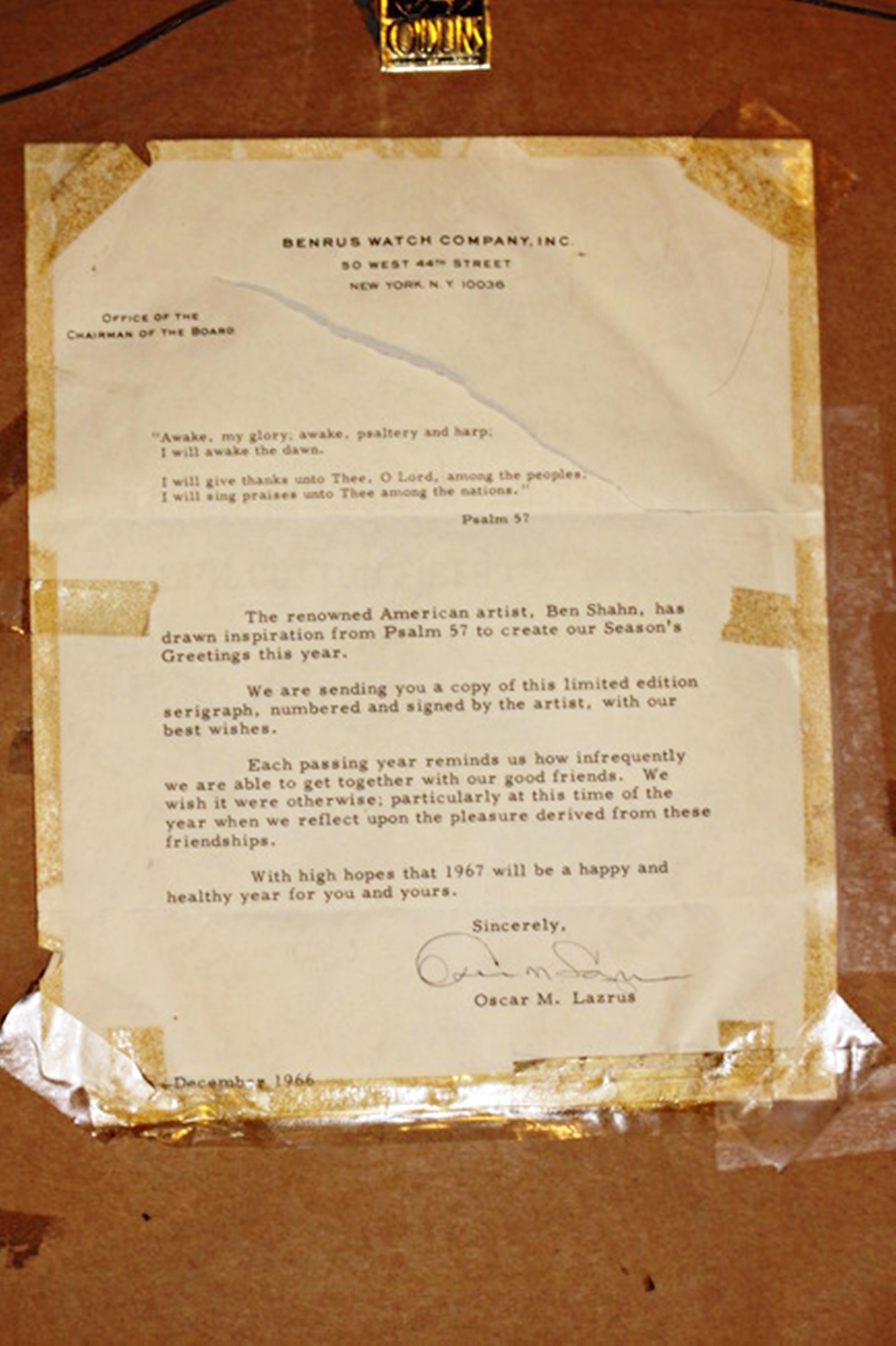 Serigrafia con Salmo 57 dell'Antico Testamento firmata a matita 255/300 lettera di provenienza - Portrait Print Grigio di Ben Shahn