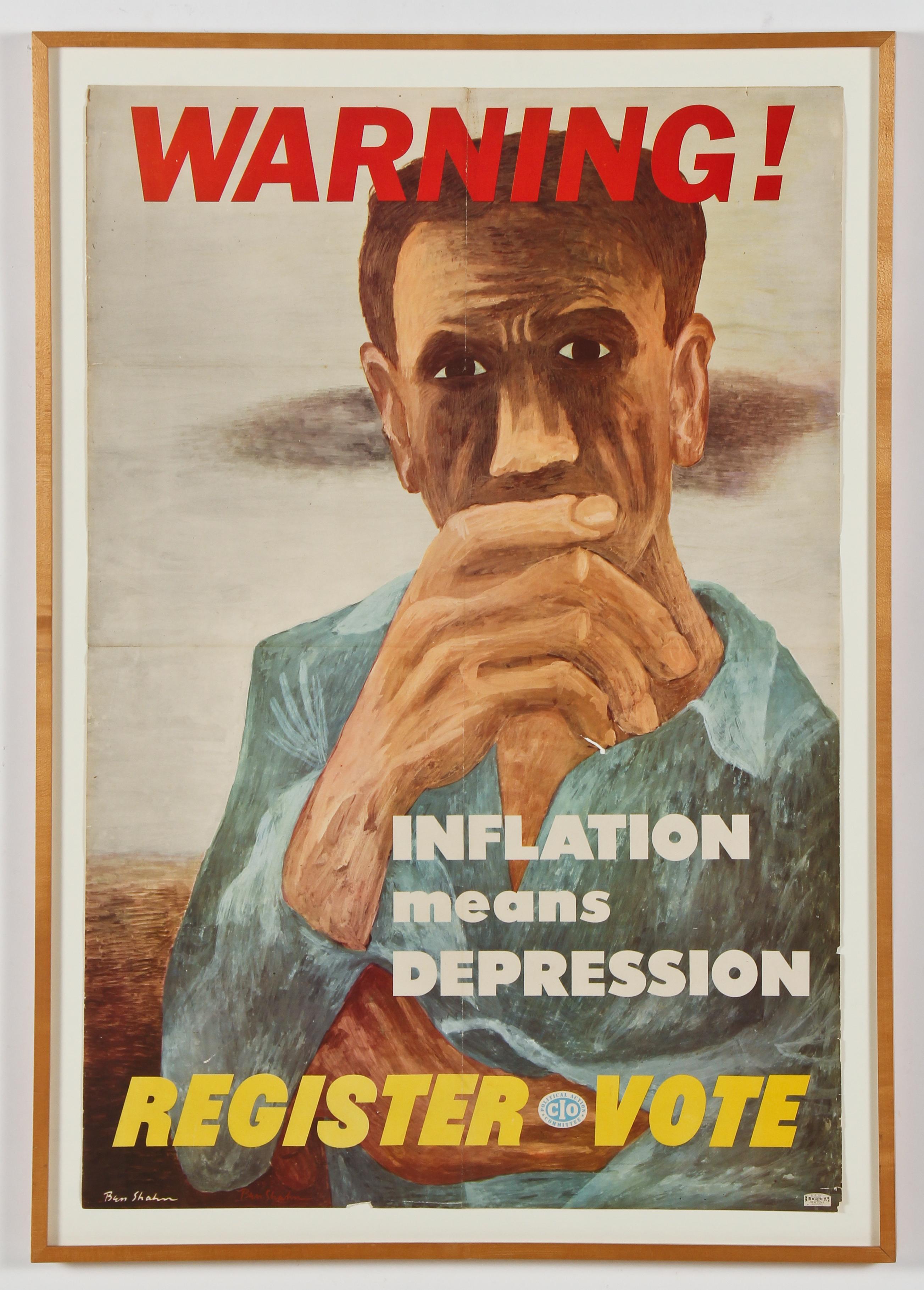 WARNING! Register*Vote, INFLATION means DEPRESSION
Photo lithograph, 1946
Signed in the image lower left
Published by CIO (Congress of Industrial Organizations) before their merger with the AFL (American Federation of Labor) see photo
Edition:
