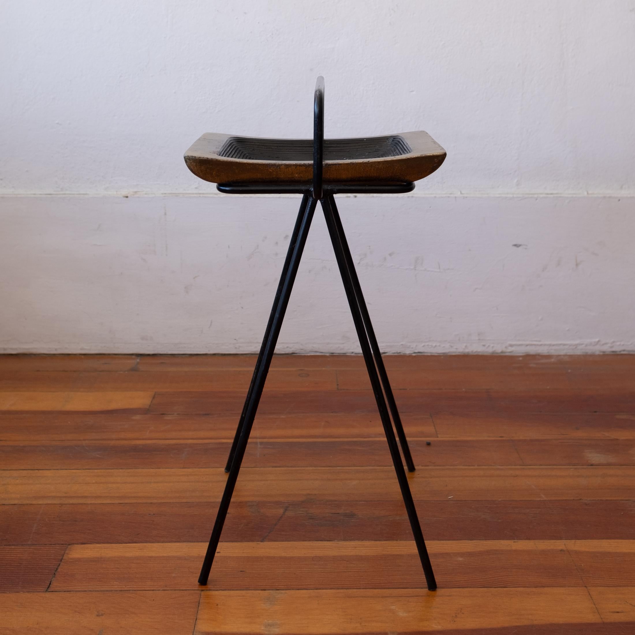 Ben Seibel for Jenfred Ware brass bowl and iron stand. Originally designed as a smoking stand, but could be used to hold cards, candy or ??? 1950s.
