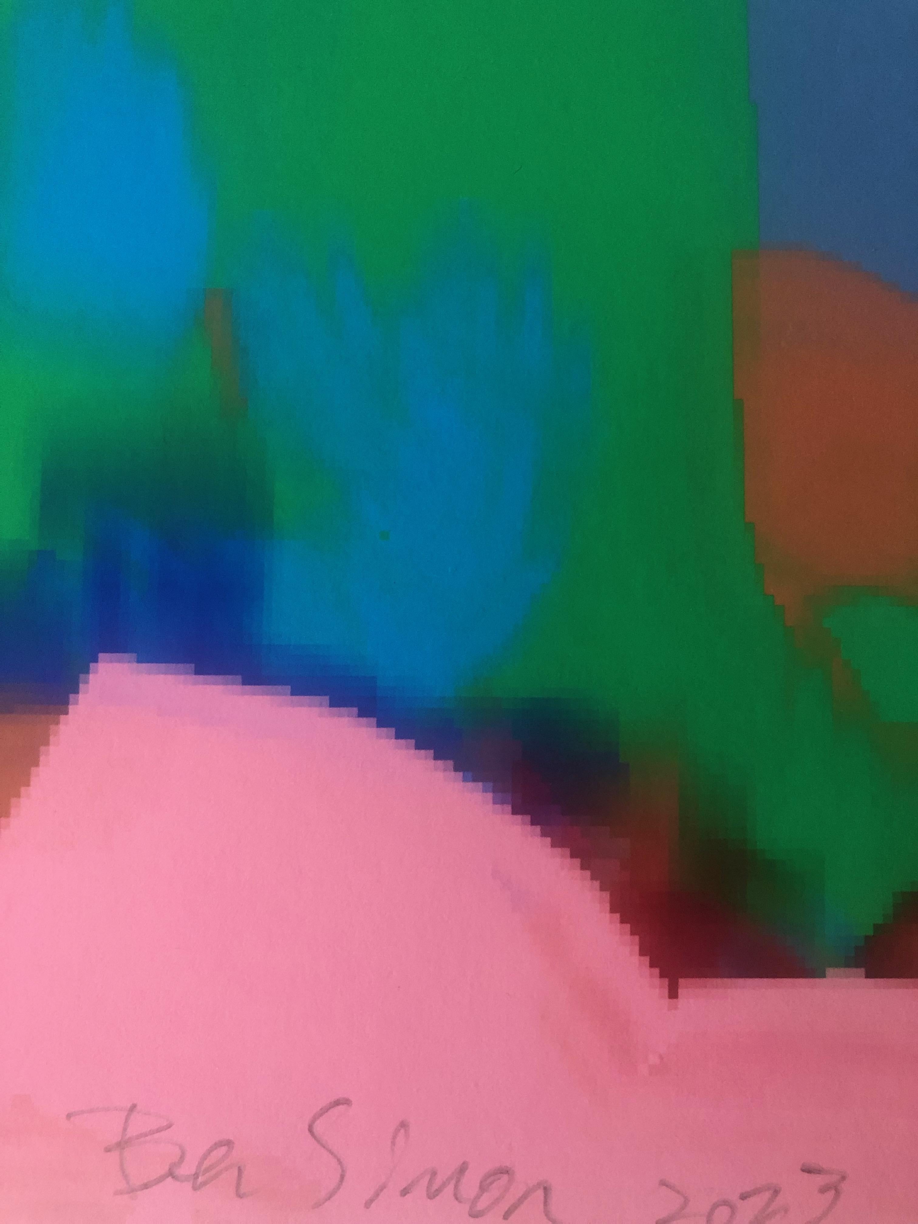 Jerusalem artist Ben Simon created pigment prints from iPad drawings.

Cloud forms, trees, mountains and the sea are as colorful summer landscapes are expressed through extravagant color, form and space.

I love the landscape for reasons beyond